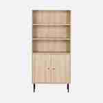 Bookcase with grooved wood and black metal decor 2 doors 5 shelves H170,5cm Photo2
