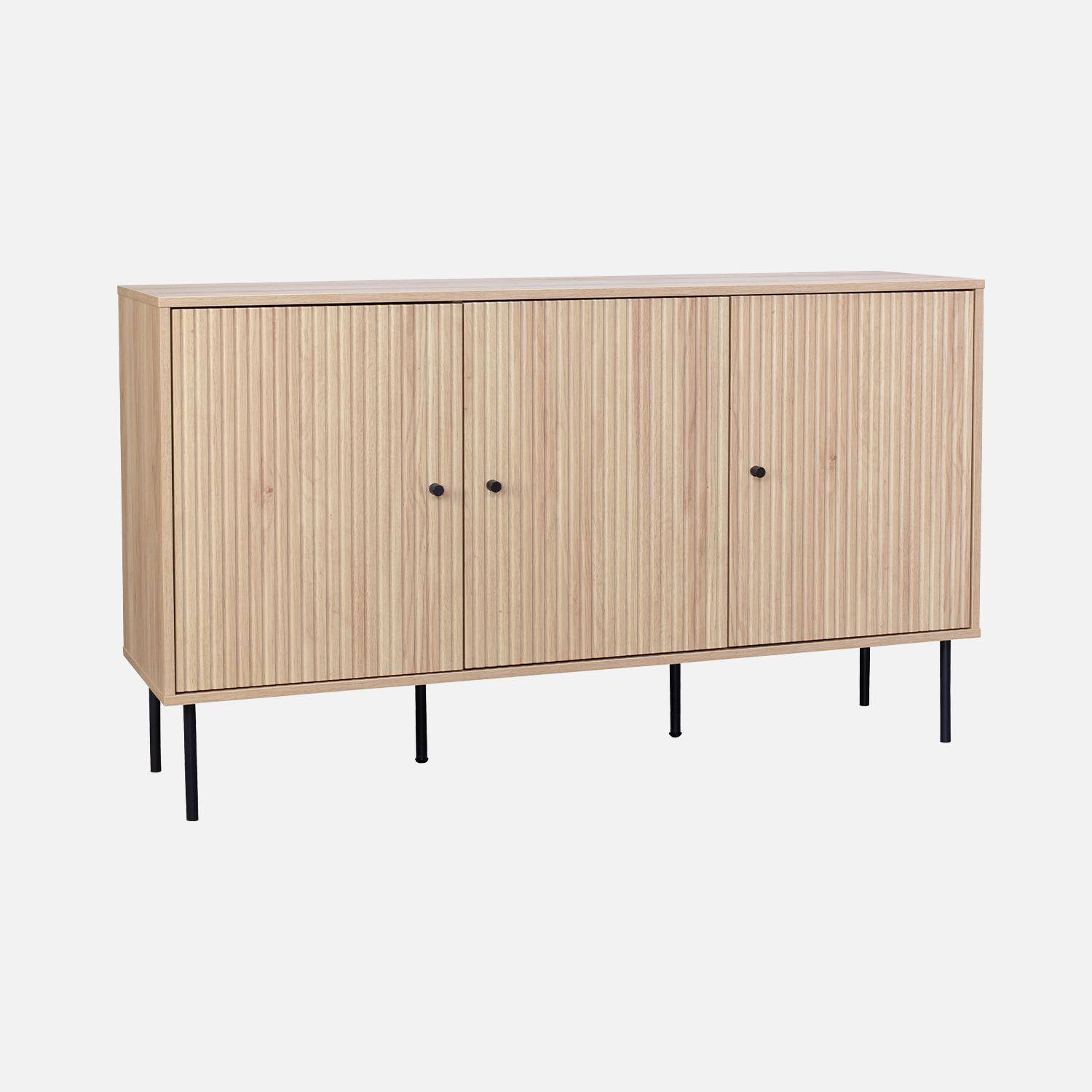 Storage sideboard in grooved wood decor with black metal handles and legs 140 cm Photo4