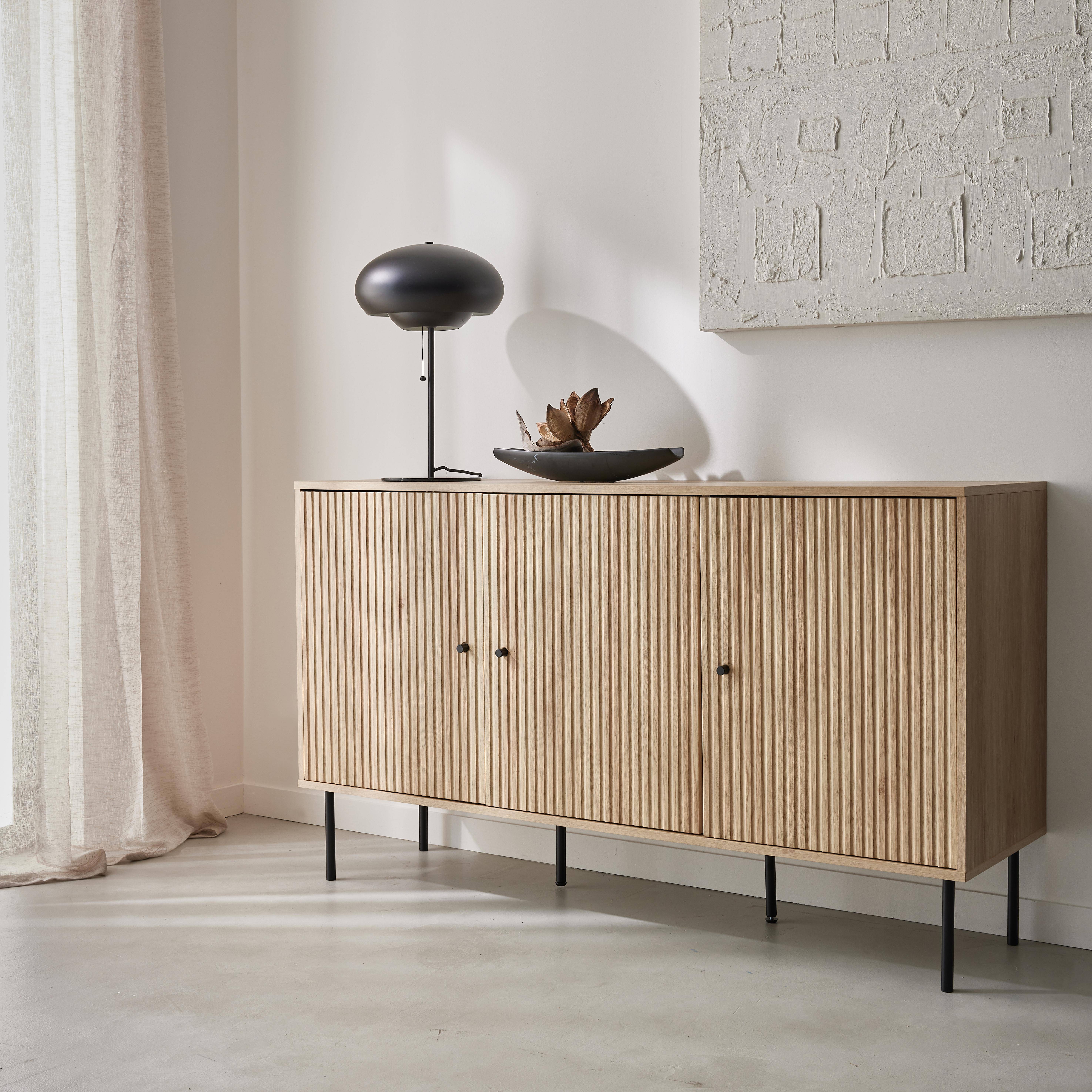 Storage sideboard in grooved wood decor with black metal handles and legs 140 cm Photo1