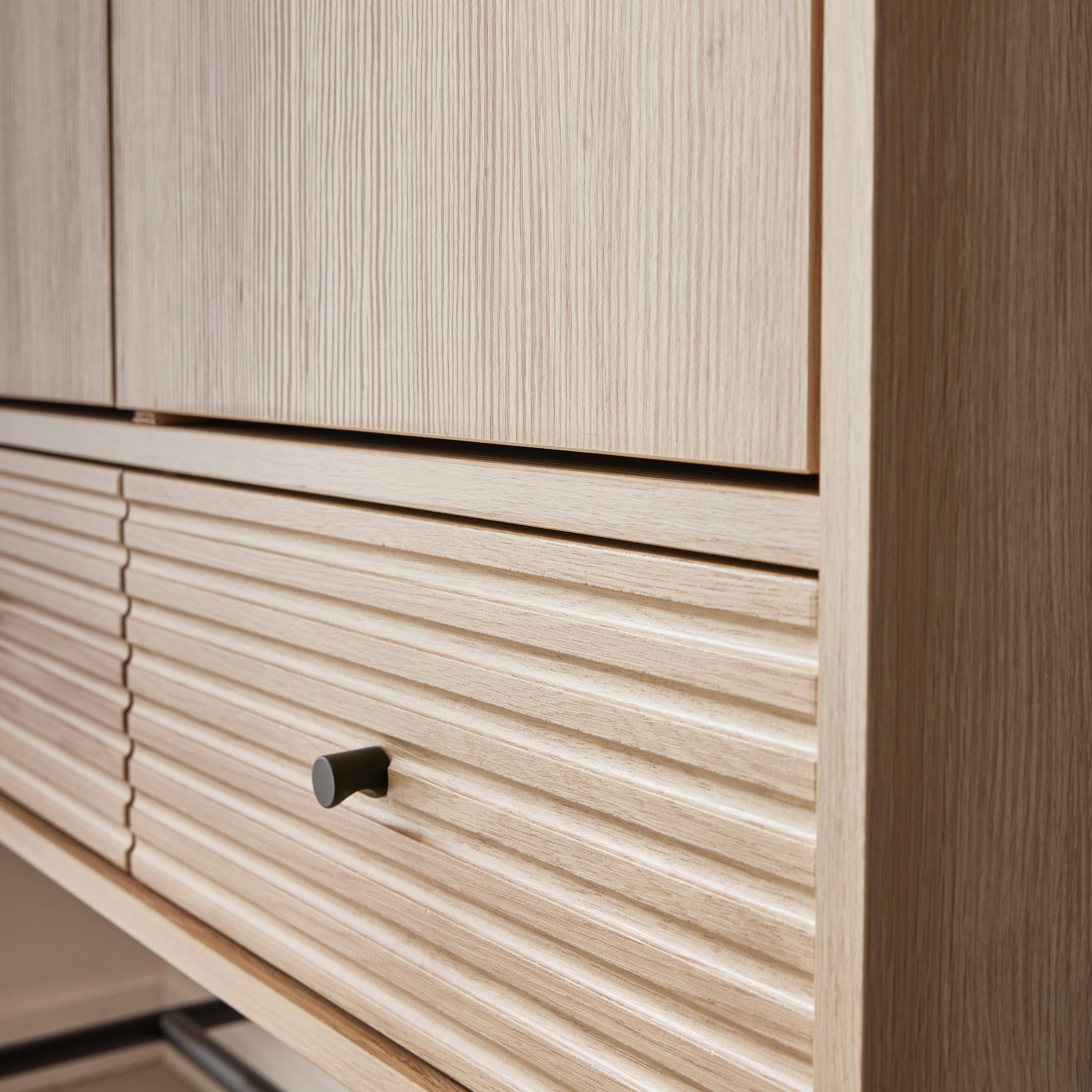 Armoire dressing effet bois rainuré 2 portes, 2 tiroirs, 3 étagères, buffet haut, vaisselier,sweeek,Photo4