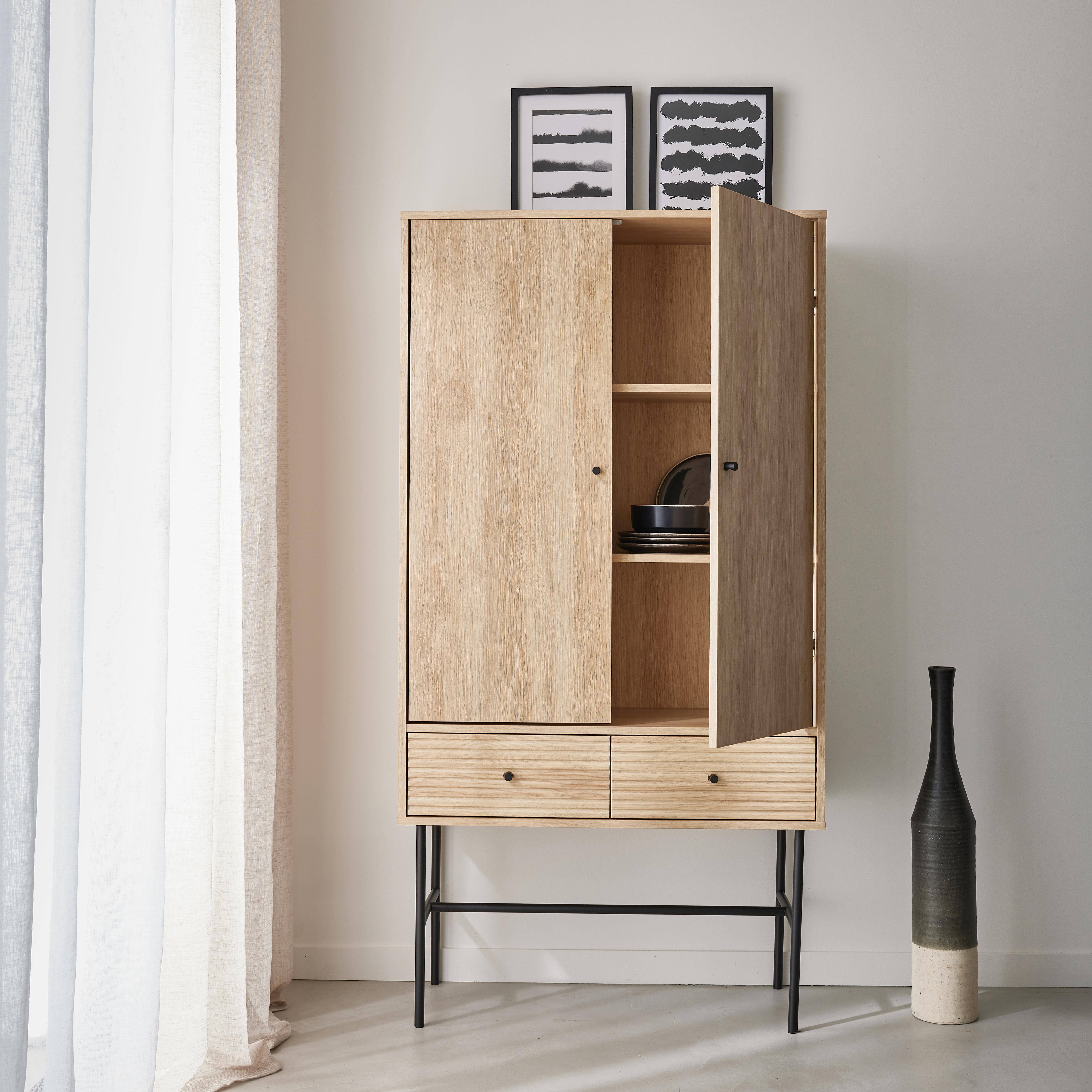 Armoire dressing effet bois rainuré 2 portes, 2 tiroirs, 3 étagères, buffet haut, vaisselier,sweeek,Photo3