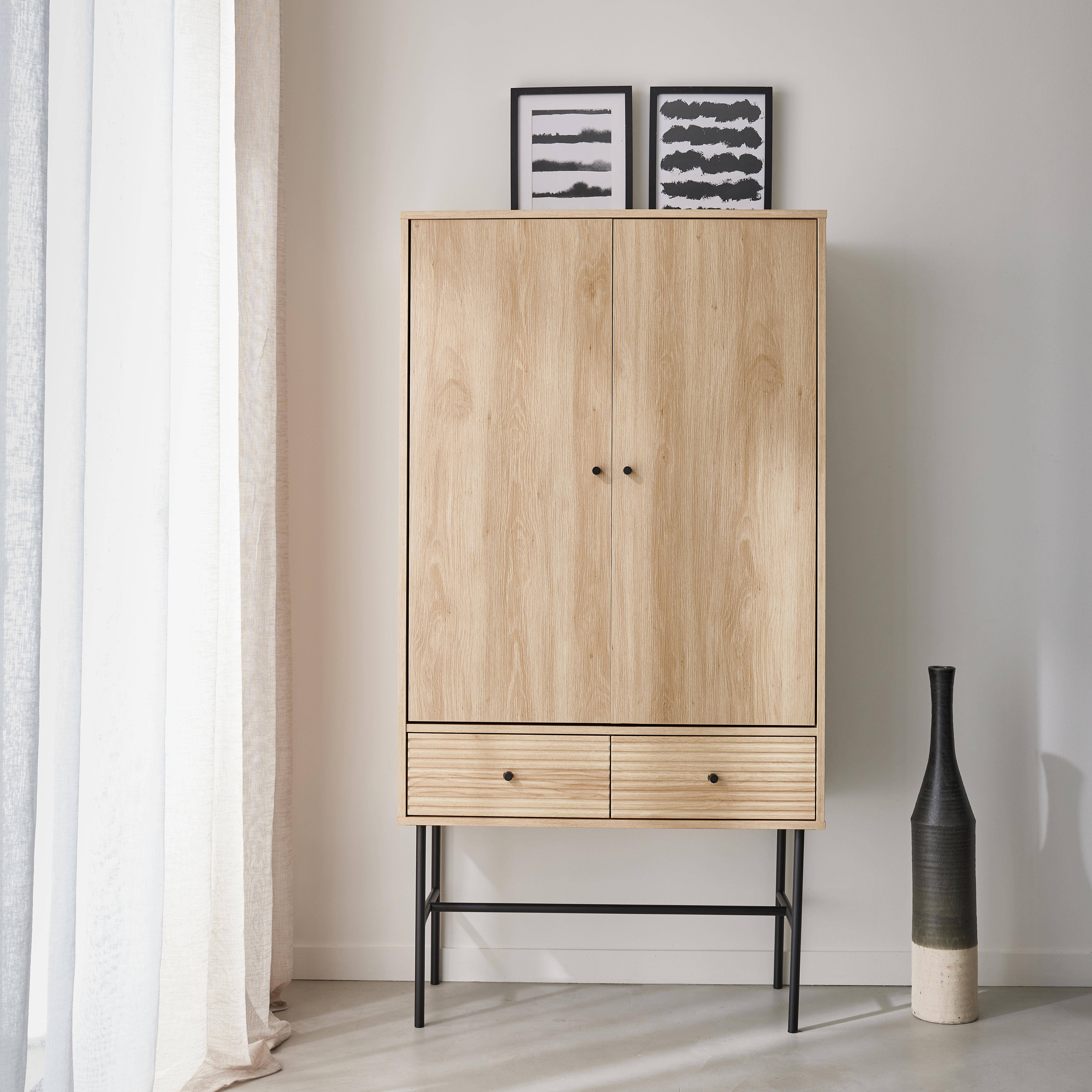 Armoire dressing effet bois rainuré 2 portes, 2 tiroirs, 3 étagères, buffet haut, vaisselier Photo1