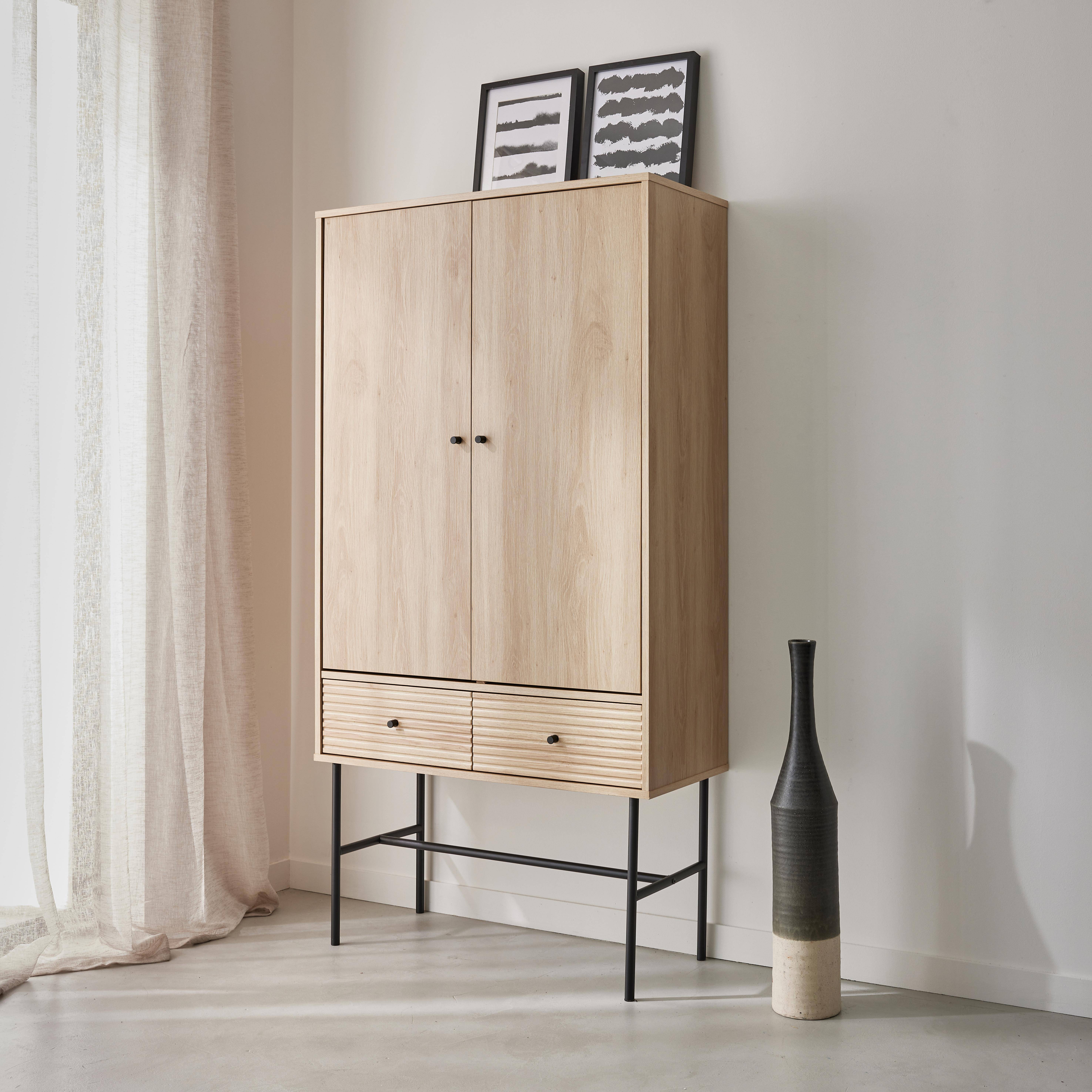 Armoire dressing effet bois rainuré 2 portes, 2 tiroirs, 3 étagères, buffet haut, vaisselier Photo2
