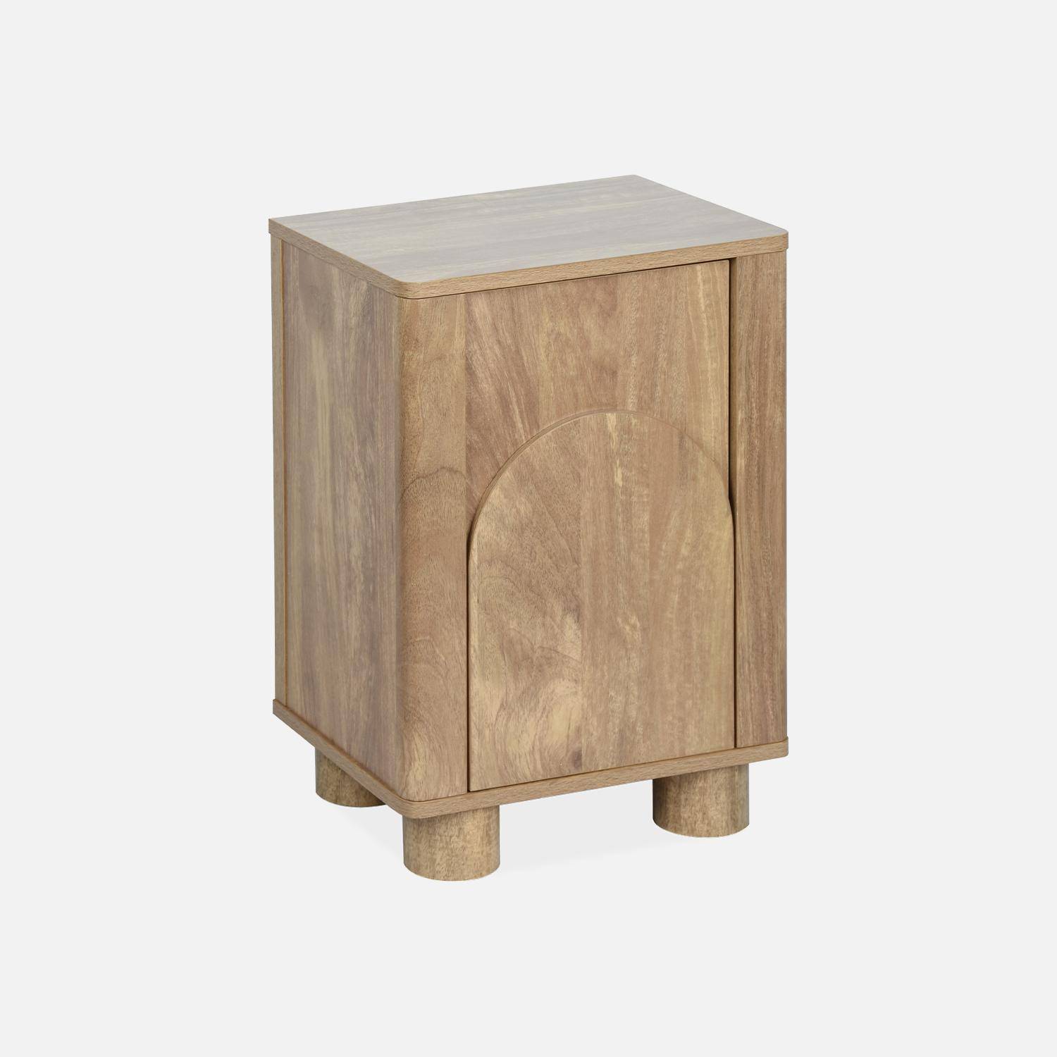 Lot de 2 tables de chevet exotiques MDF effet bois massif et pieds arrondis, 1 porte et 1 étagère Photo3