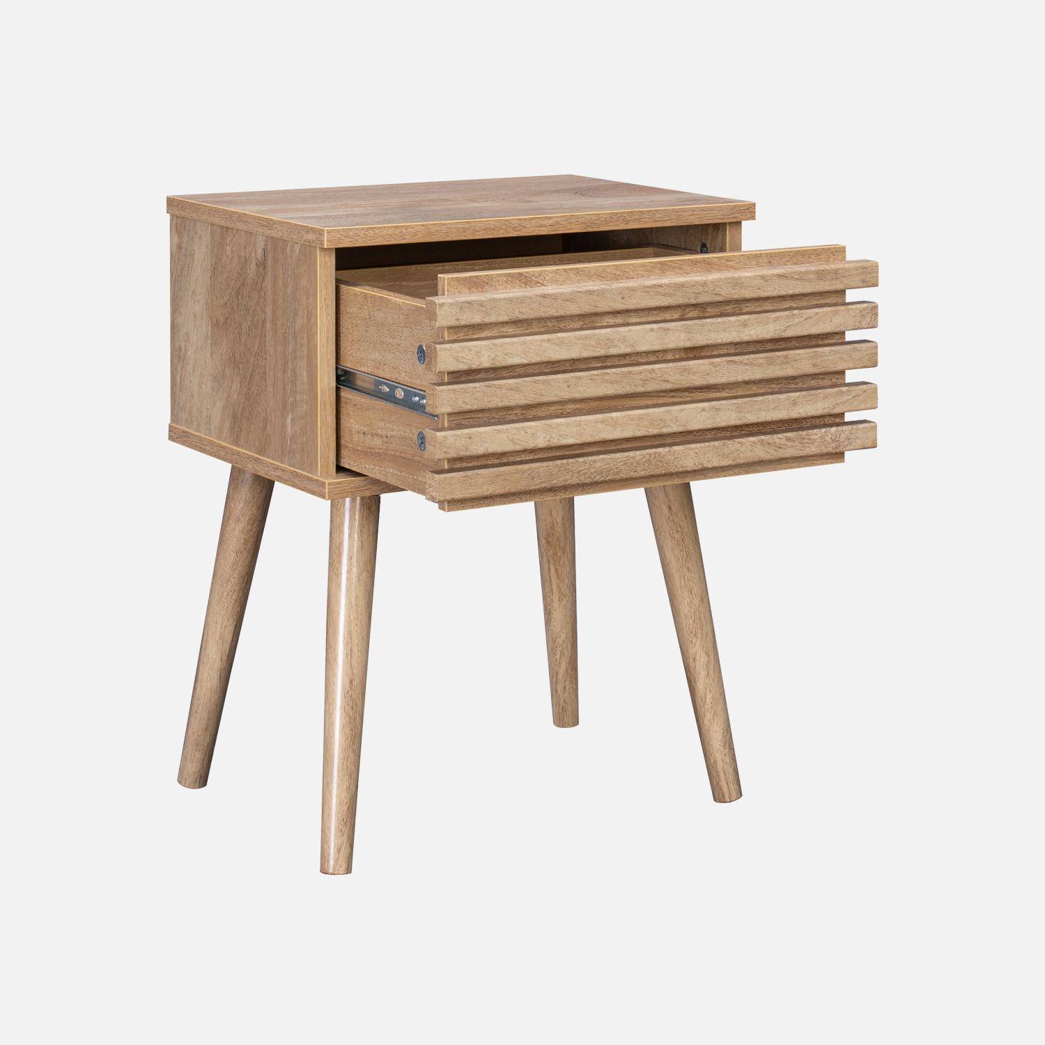 Table de chevet style scandinave décor bois avec tiroir rainuré et pieds compas Photo6