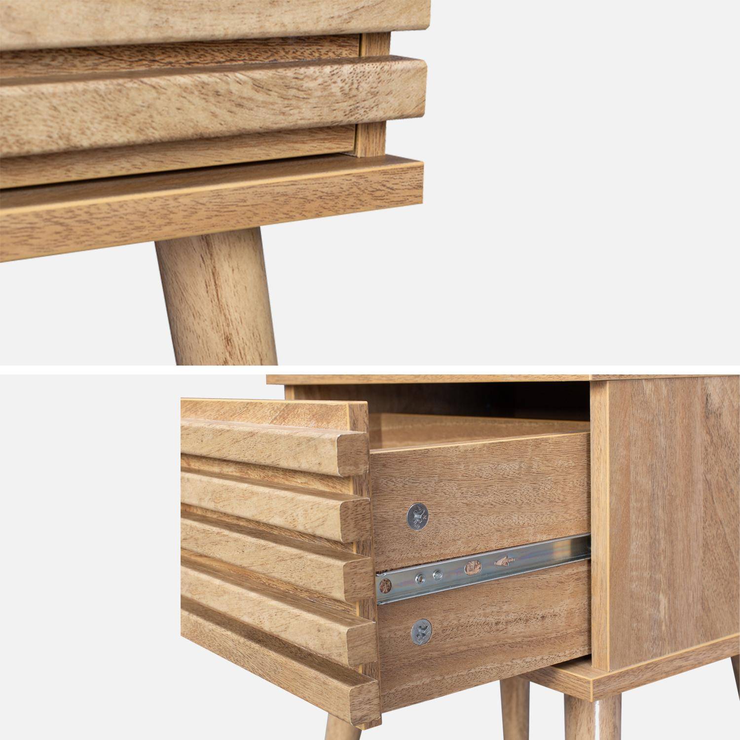 Table de chevet style scandinave décor bois avec tiroir rainuré et pieds compas Photo7