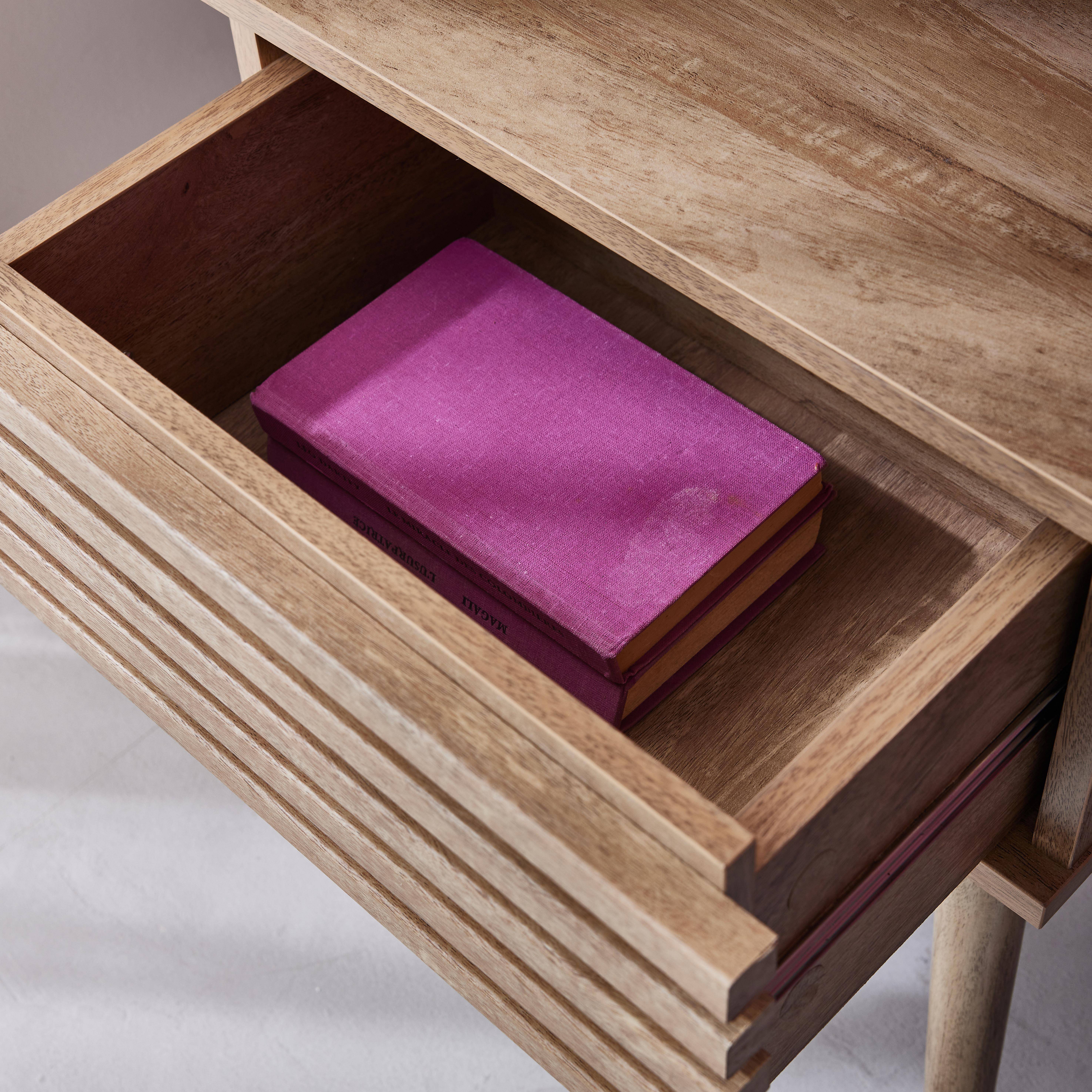Lot de deux tables de chevet style scandinave décor bois avec tiroir rainuré et pieds compas,sweeek,Photo3