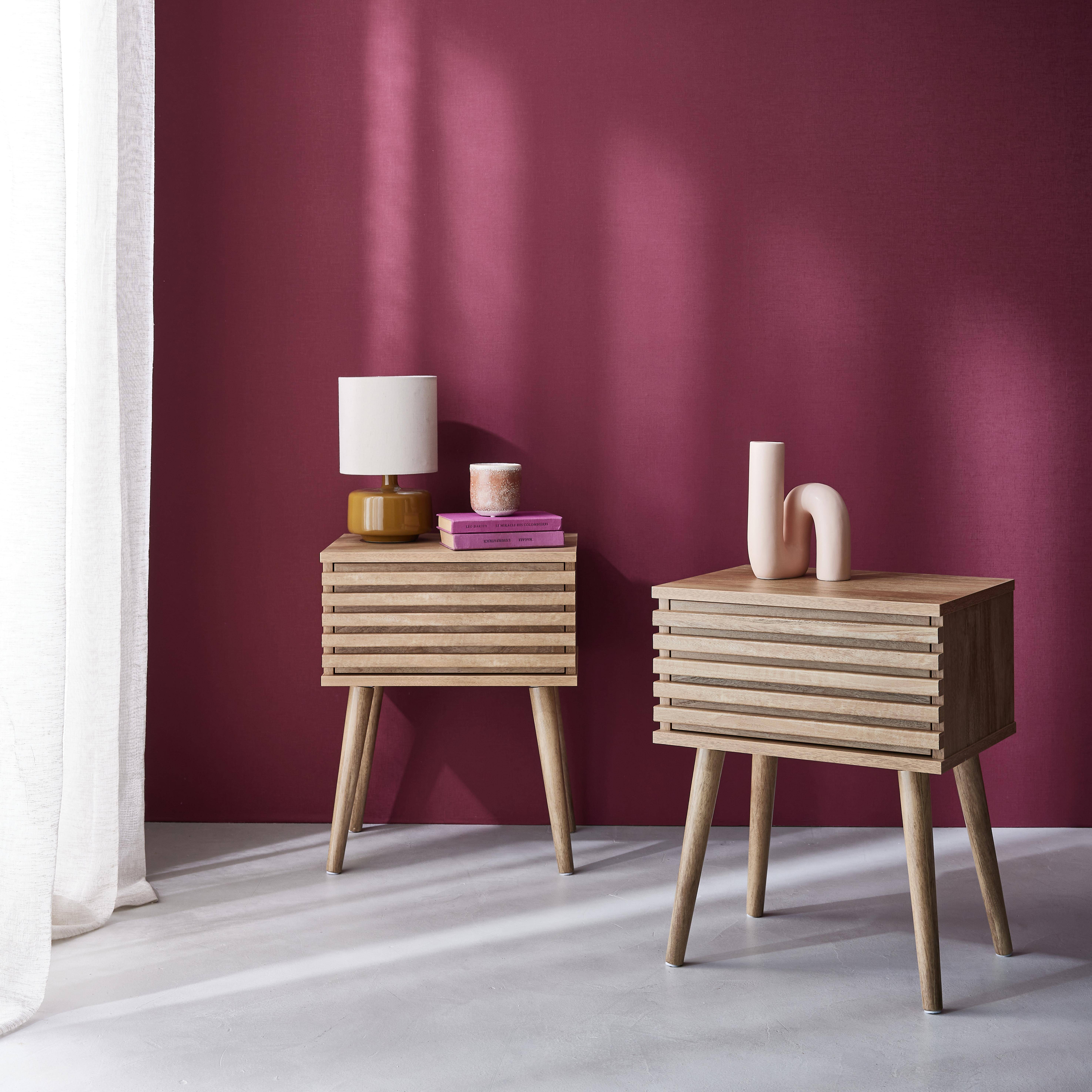 Lot de deux tables de chevet style scandinave décor bois avec tiroir rainuré et pieds compas Photo2