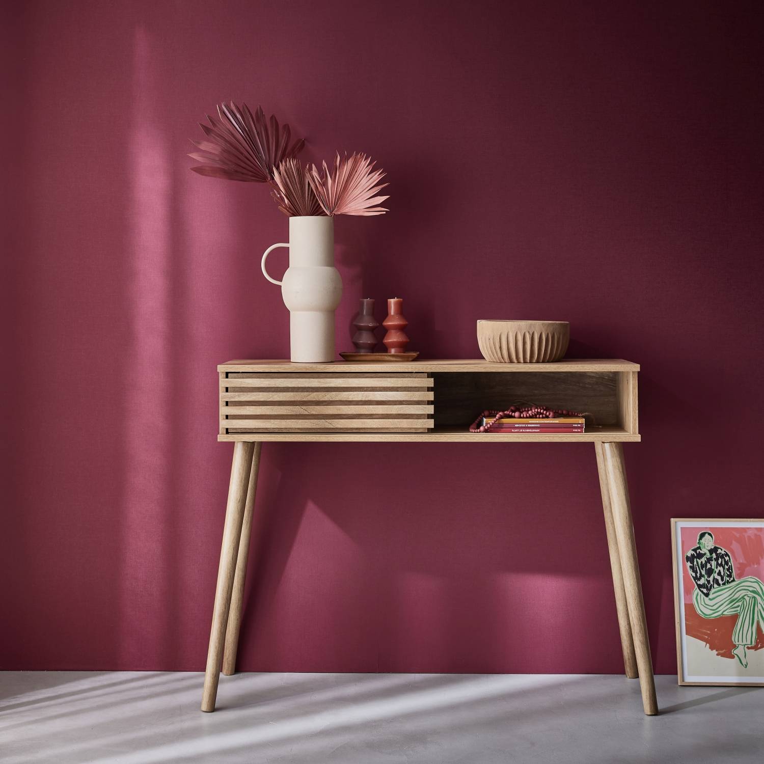 Console Design Scandinave Effet Frêne - Longueur 110 Cm, Avec étagère, Style épuré Et Pieds Fins, Pour Salon Ou Entrée - 4