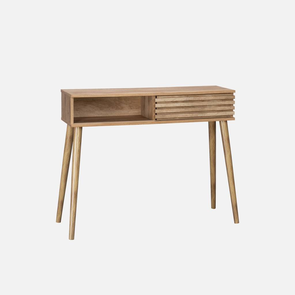 Consola escandinava efecto madera y puerta corredera, 100cm, Natural