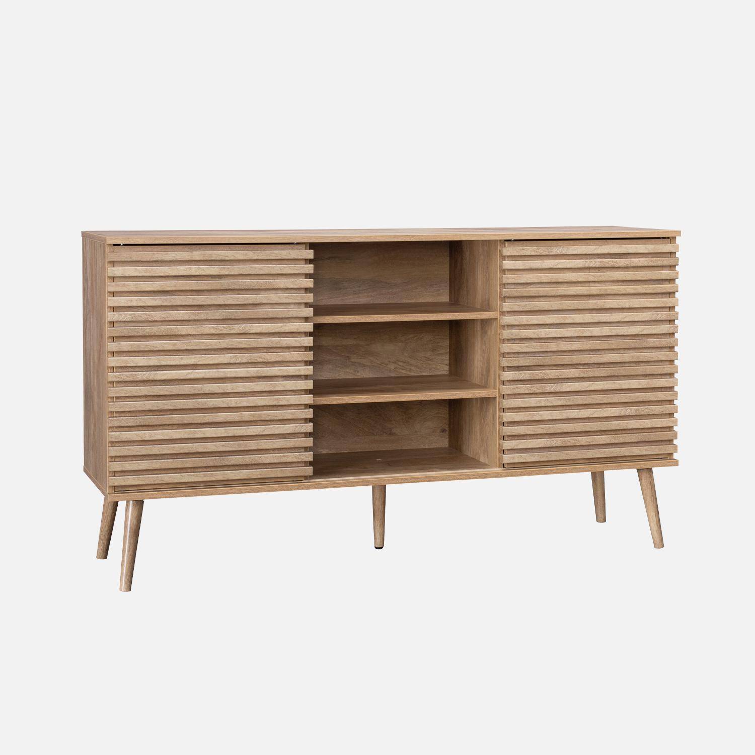 Scandinavian sideboard in wood decor with 2 grooved sliding doors and 4 shelves L 140,sweeek,Photo4