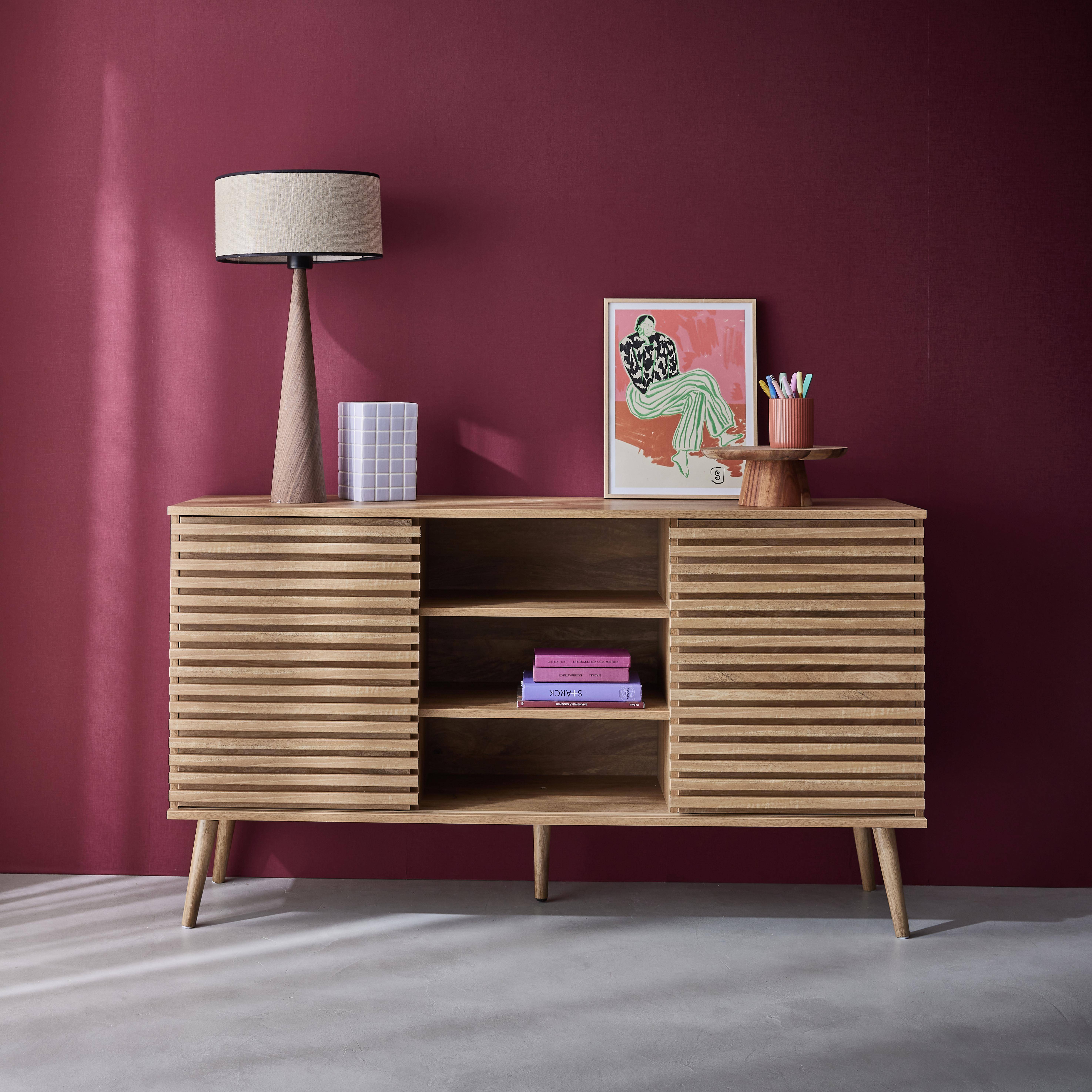 Scandinavian sideboard in wood decor with 2 grooved sliding doors and 4 shelves L 140 Photo1