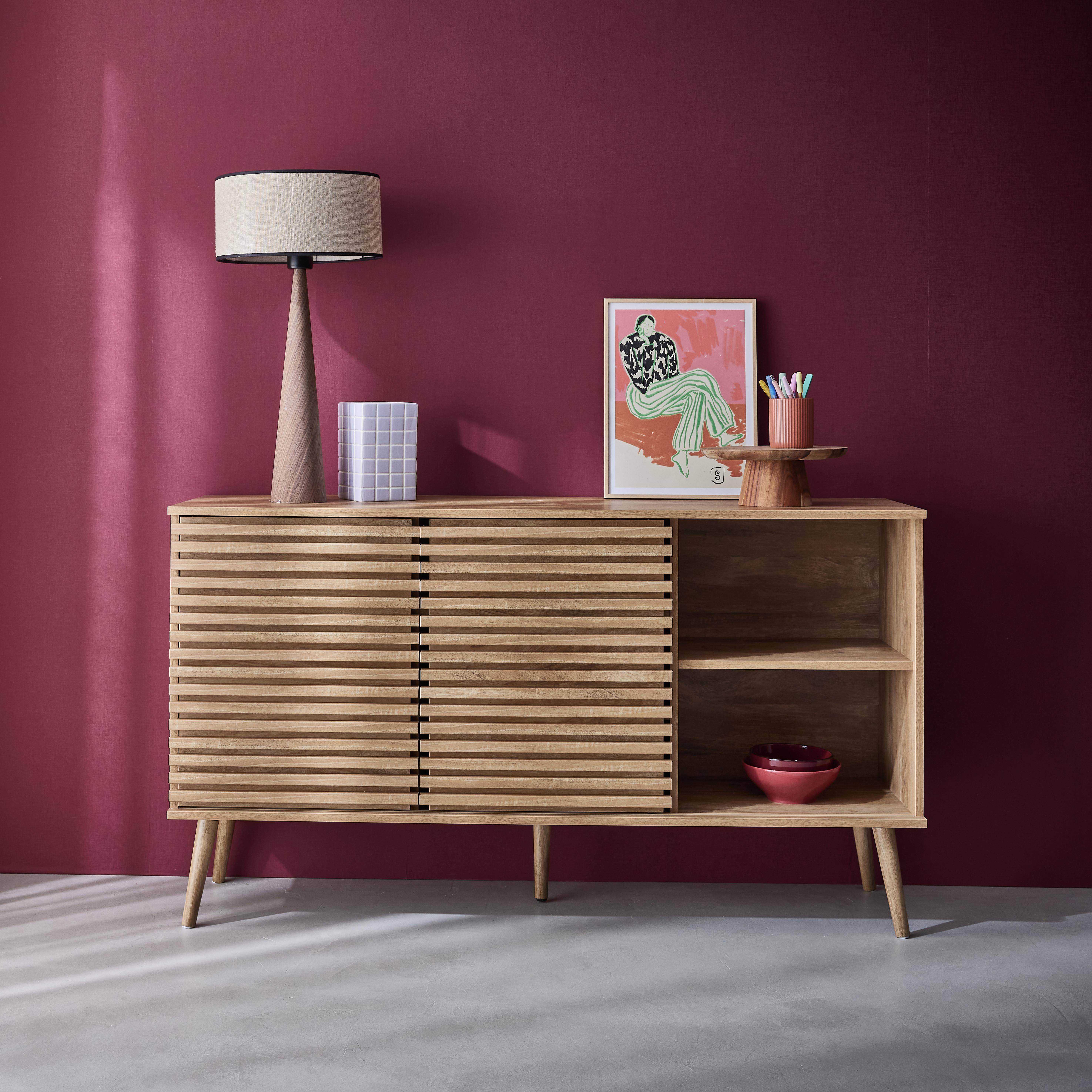 Scandinavian sideboard in wood decor with 2 grooved sliding doors and 4 shelves L 140 Photo3