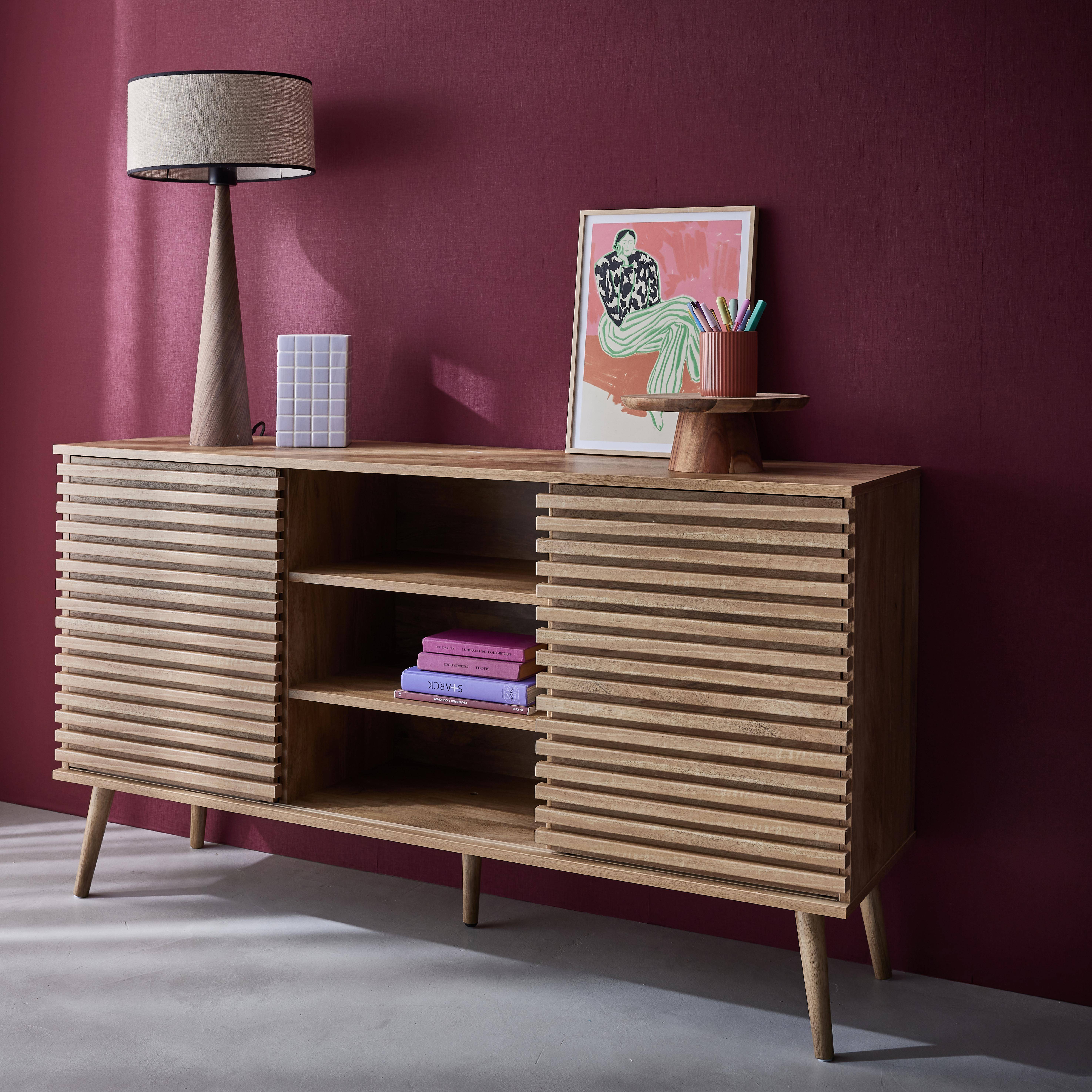 Scandinavian sideboard in wood decor with 2 grooved sliding doors and 4 shelves L 140,sweeek,Photo2