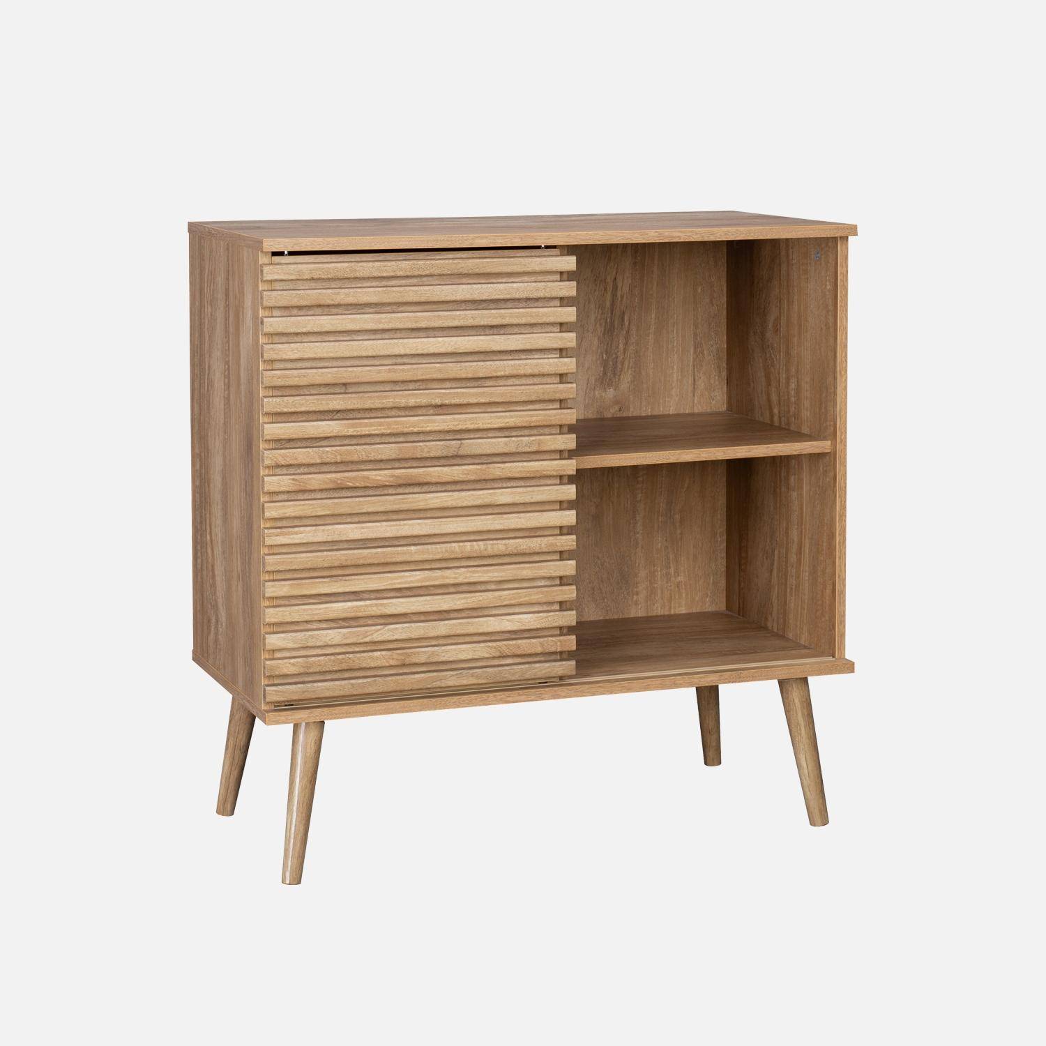 Credenza scandinava effetto legno e anta scorrevole scanalata, 80cm, Madere, Marrone naturale, 80x39x80 cm Photo5
