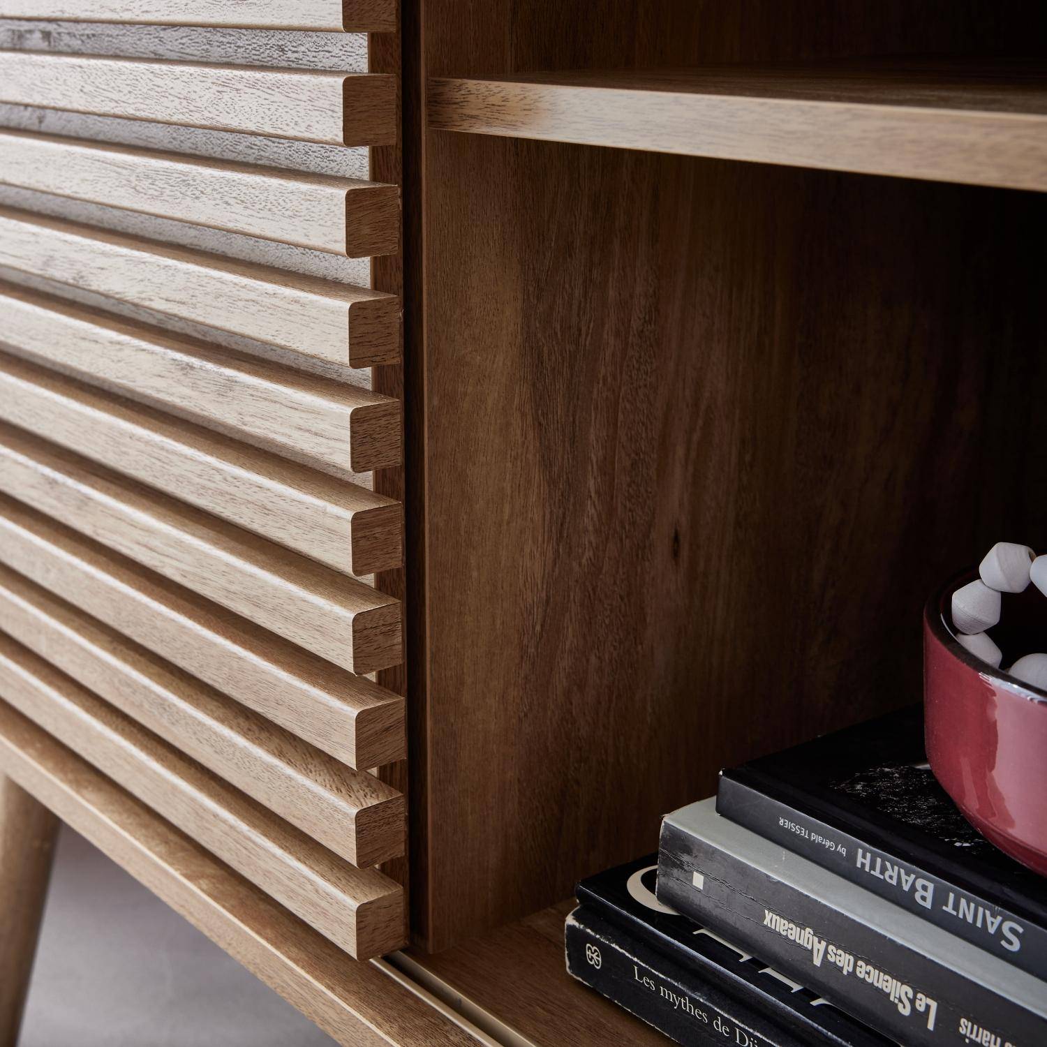 Credenza scandinava effetto legno e anta scorrevole scanalata, 80cm, Madere, Marrone naturale, 80x39x80 cm Photo4