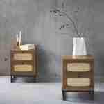 Set of 2 wood and cane bedside tables with black metal legs and handles Photo1