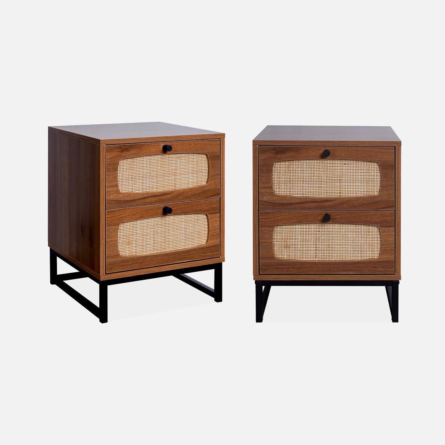 Set of 2 wood and cane bedside tables with black metal legs and handles,sweeek,Photo4