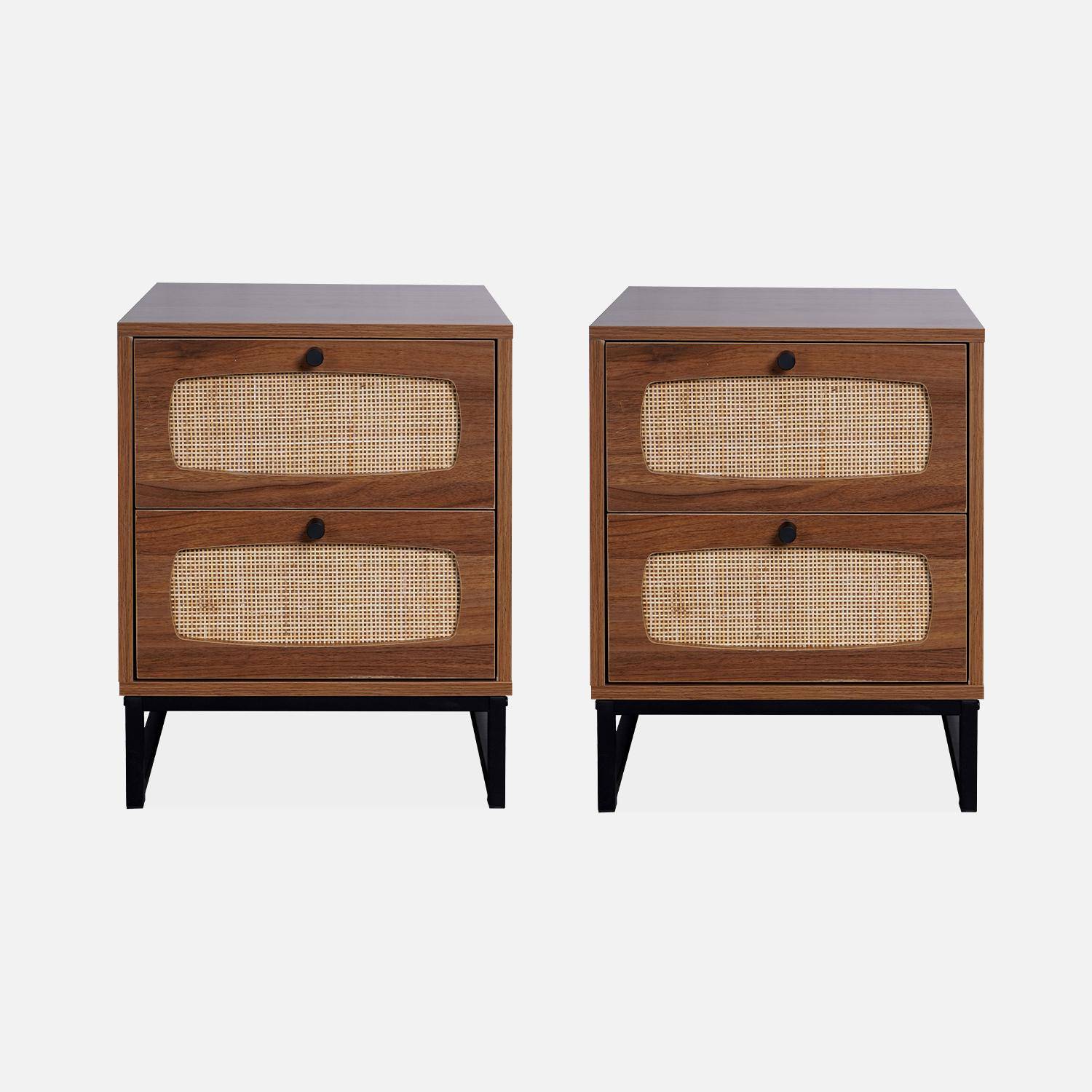 Conjunto de 2 mesas de cabeceira em madeira e cana com pernas e pegas em metal preto Photo5
