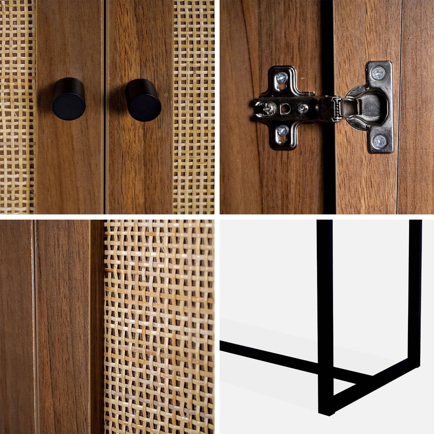 Retro 2-deurs dressoir van donker hout en riet met zwart metalen poten Photo7
