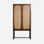 Retro 2-deurs dressoir van donkerkleurig hout en riet met zwart metalen poten Photo5