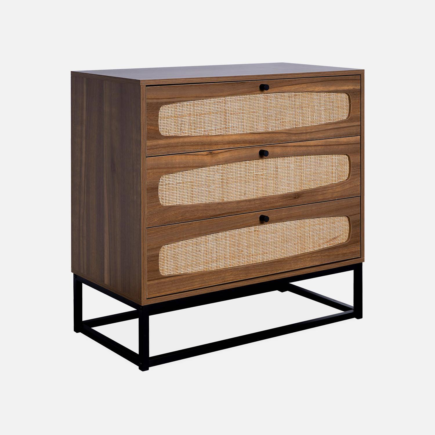 Commode rétro décor bois et cannage 3 tiroirs piètement et poignées en métal noir,sweeek,Photo4