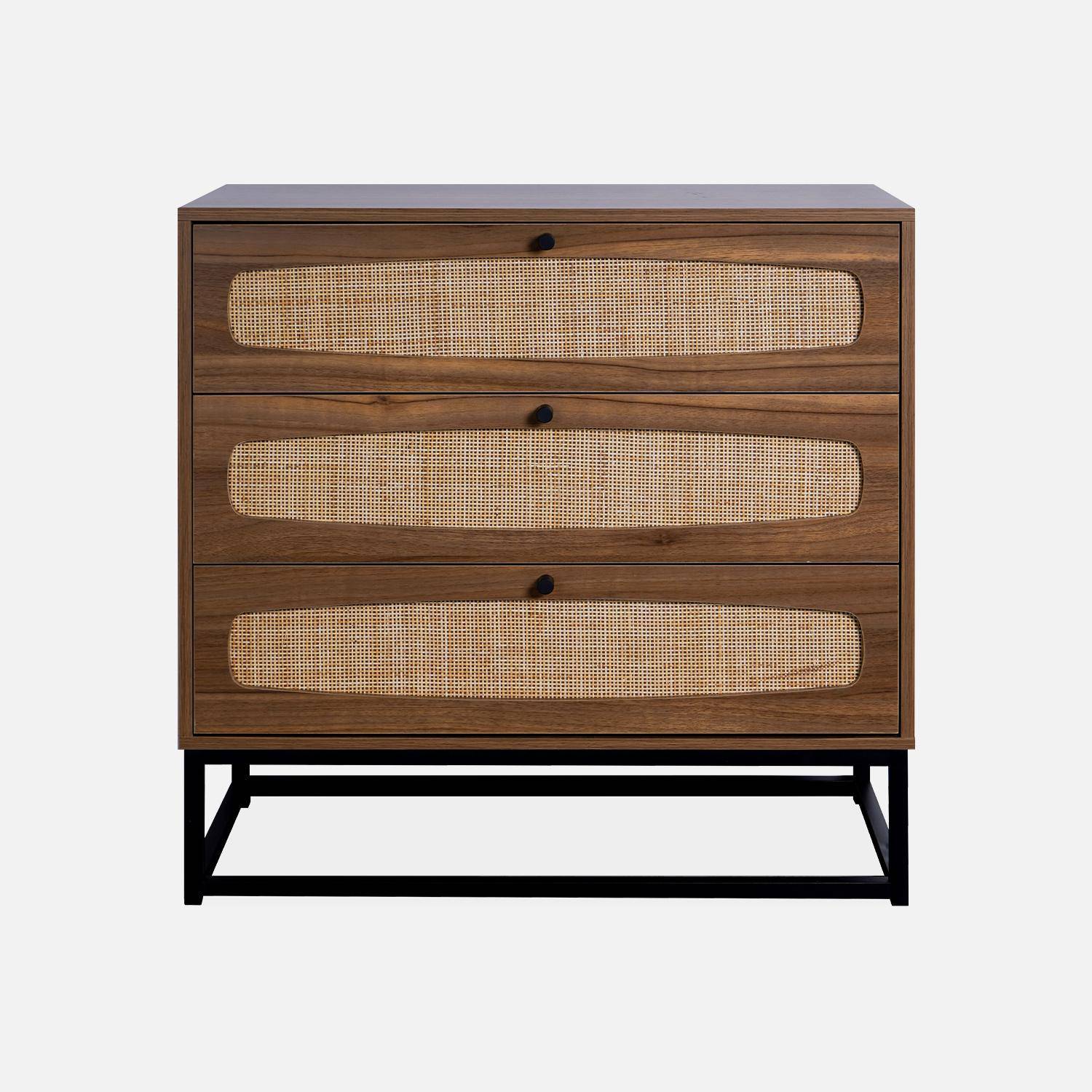 Retro wood and cane chest of drawers, 3 drawers, black metal legs and handles,sweeek,Photo4