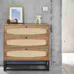 Retro wood and cane chest of drawers, 3 drawers, black metal legs and handles Photo1