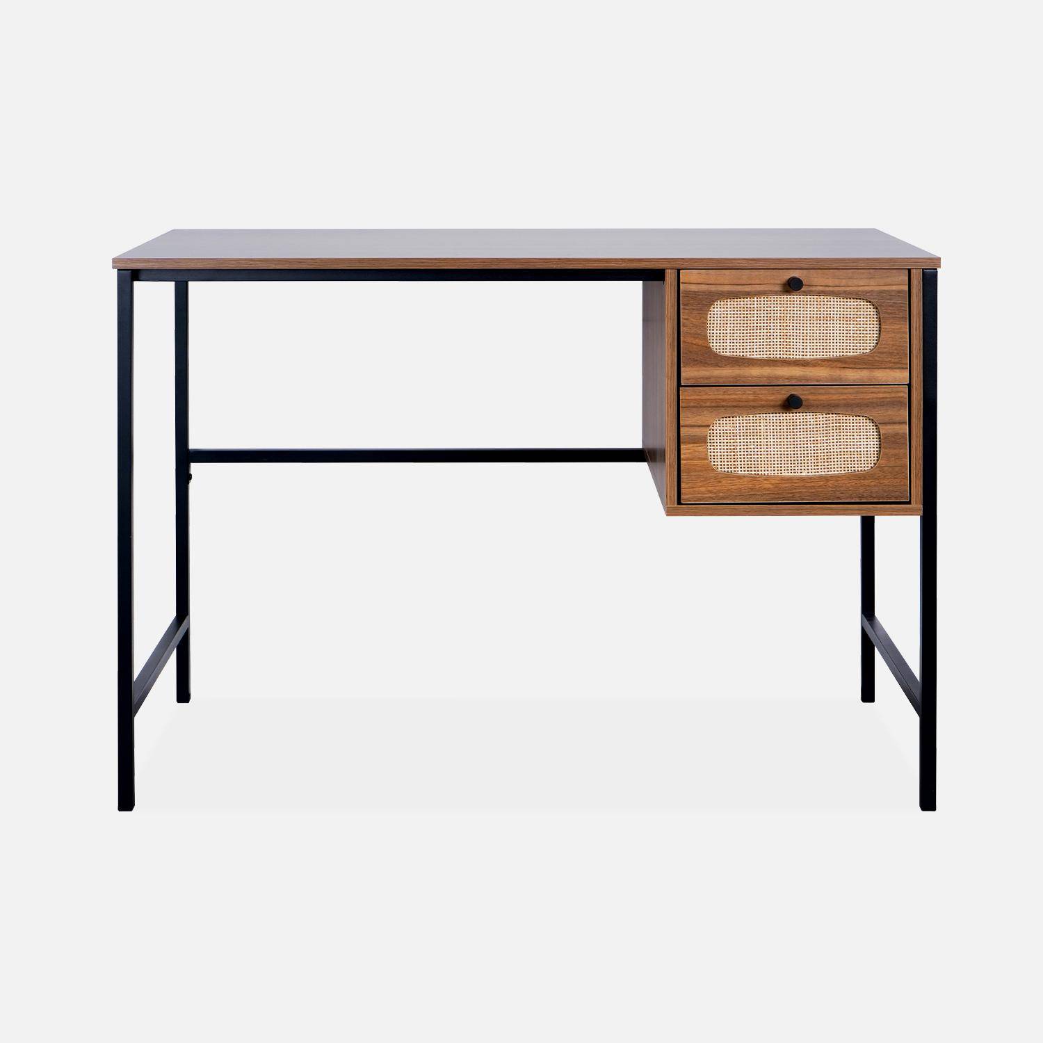 Retro-Schreibtisch mit Holzdekor und Rohrgeflecht, Gestell und Griffen aus schwarzem Metall - Retro Photo4