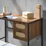 Retro-Schreibtisch mit Holzdekor und Rohrgeflecht, Gestell und Griffen aus schwarzem Metall - Retro Photo2