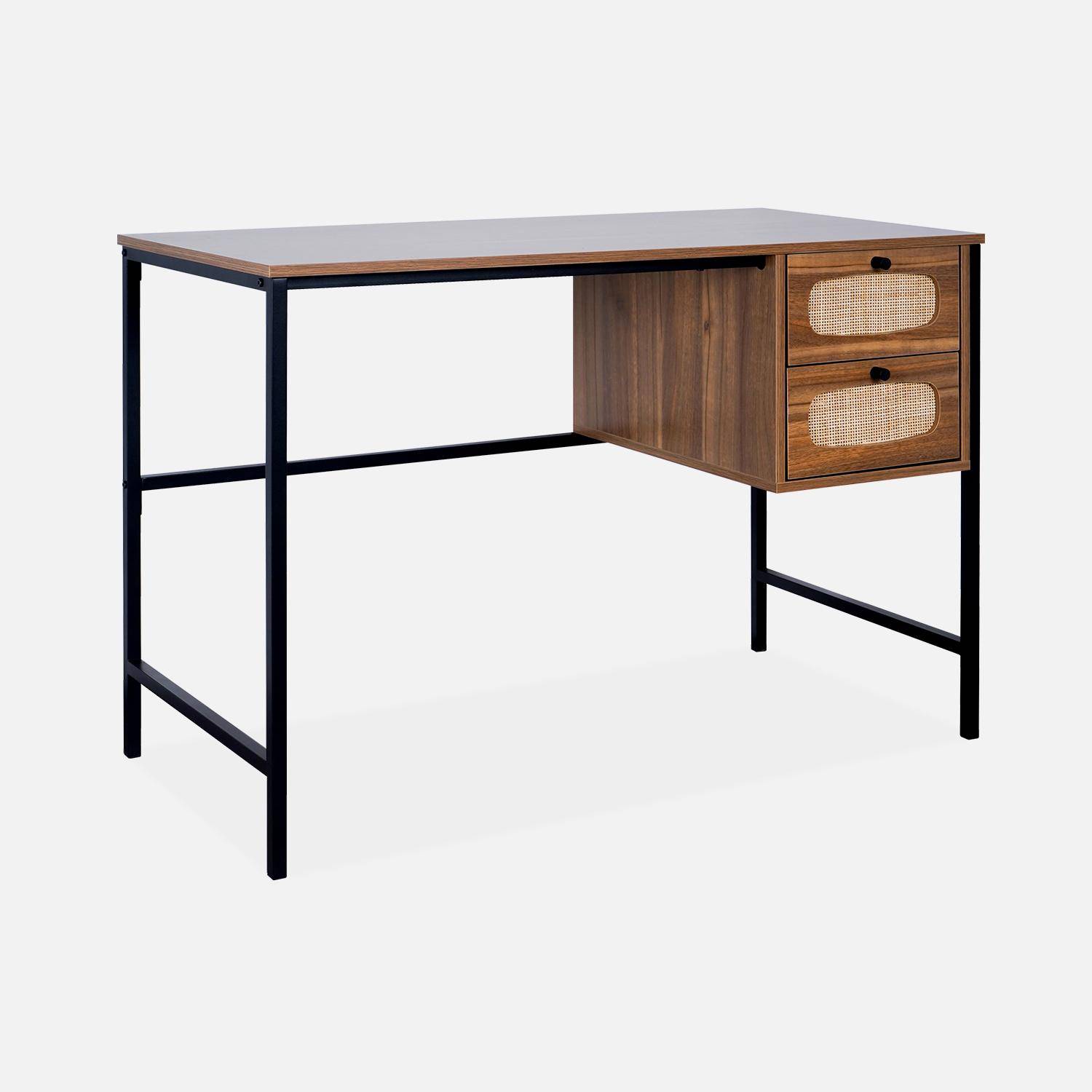 Retro-Schreibtisch mit Holzdekor und Rohrgeflecht, Gestell und Griffen aus schwarzem Metall - Retro,sweeek,Photo4