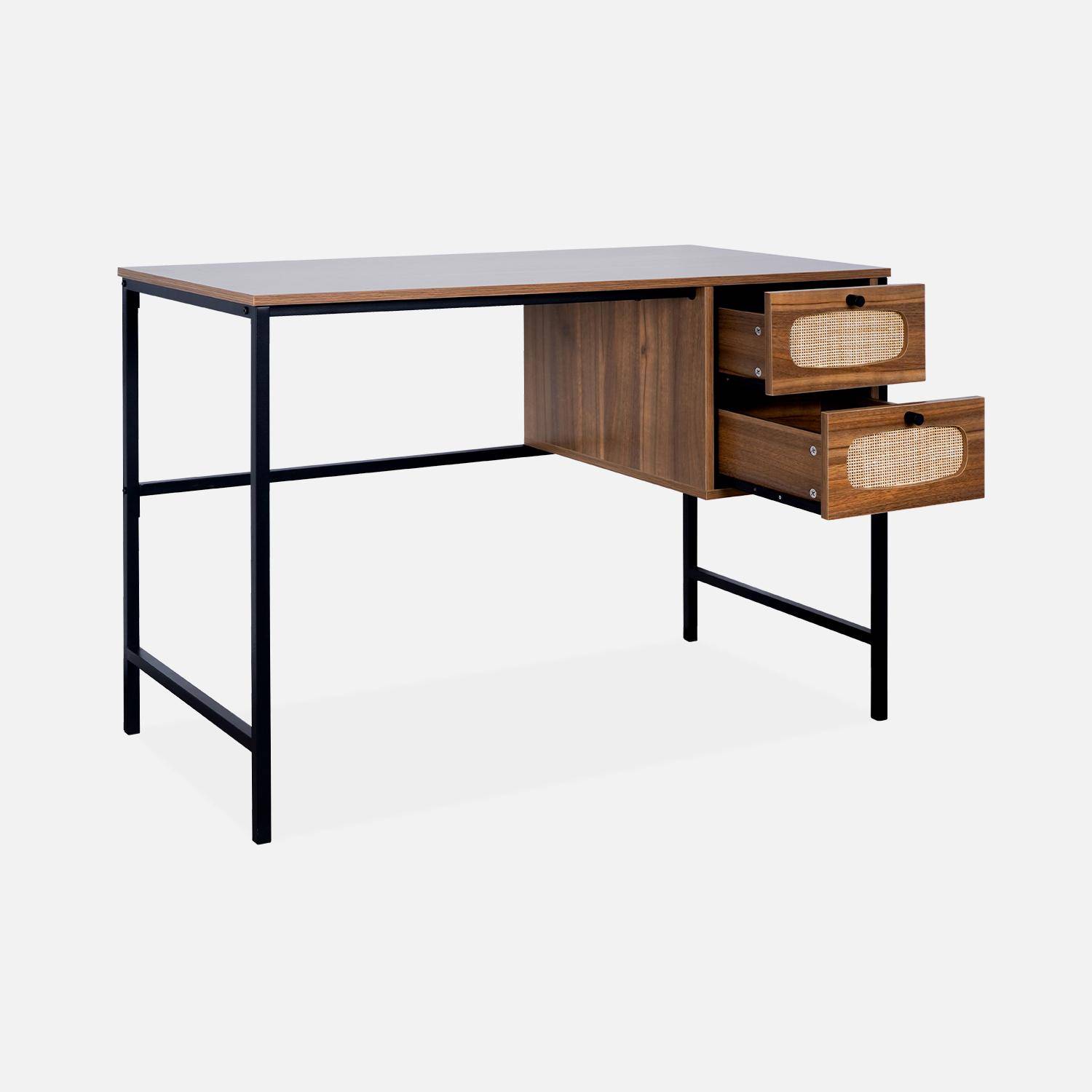 Retro-Schreibtisch mit Holzdekor und Rohrgeflecht, Gestell und Griffen aus schwarzem Metall - Retro Photo5