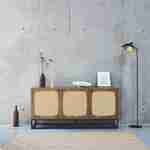 Sideboard aus Holzdekor und abgerundetem Rohrgeflecht, Gestell und Griffe aus schwarzem Metall - 3 Türen 160cm - Retro Photo1