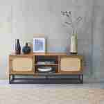 TV-Möbel mit Holzdekor und abgerundetem Rohrgeflecht, Gestell und Griffe aus schwarzem Metall - 2 Türen - 140cm - Retro Photo1
