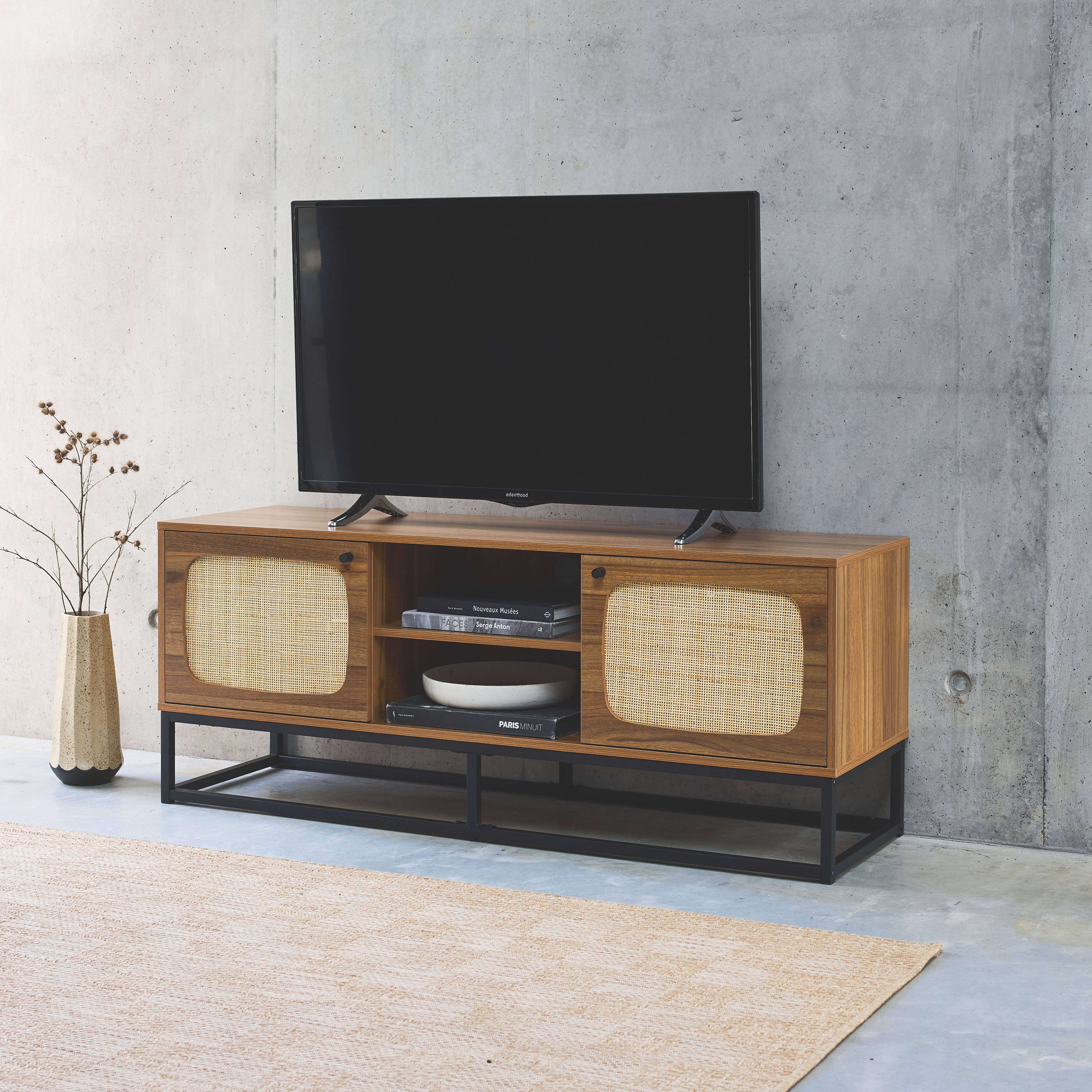 Meuble TV en décor bois et cannage arrondi 140cm, piètement et poignées en métal noir,sweeek,Photo2