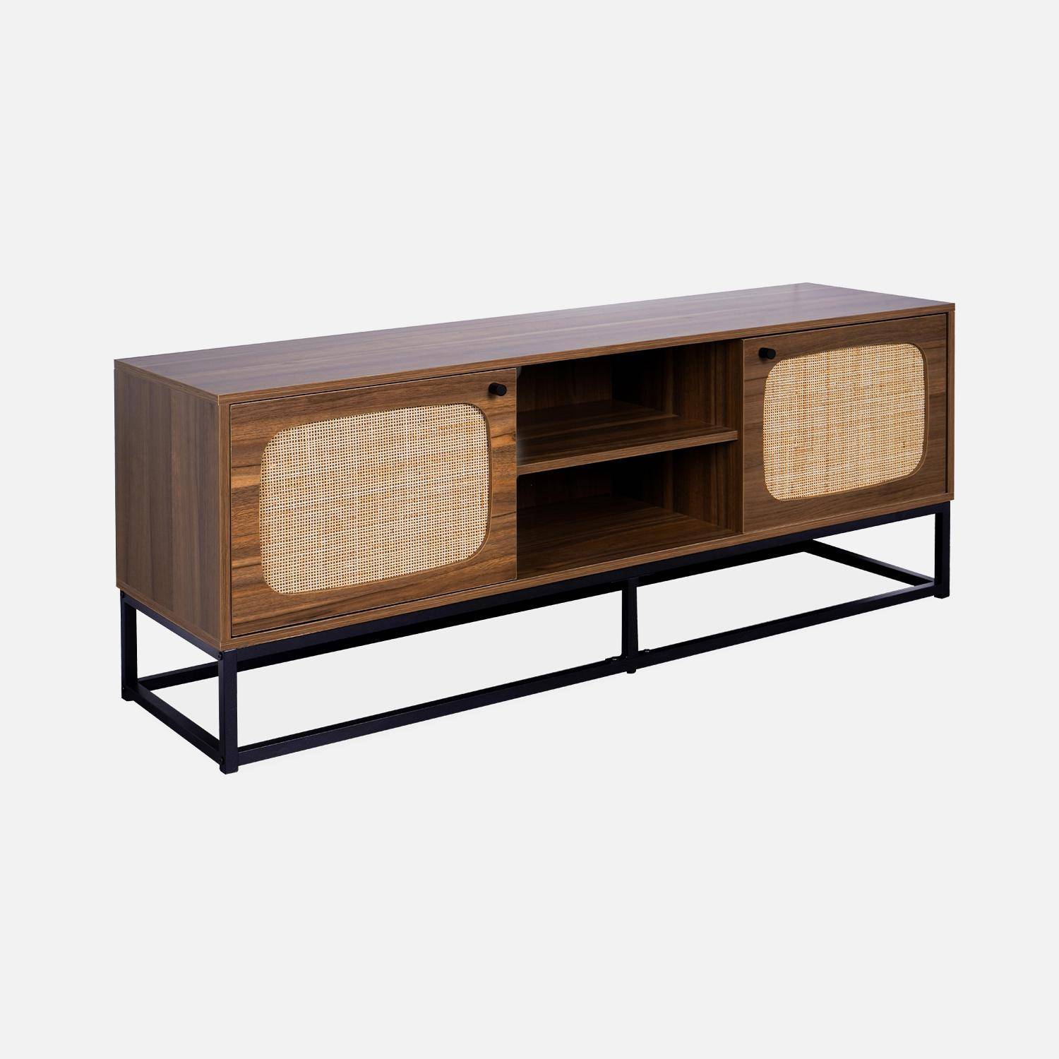 TV unit in wood decor and rounded cane 140cm, black metal legs and handles,sweeek,Photo3