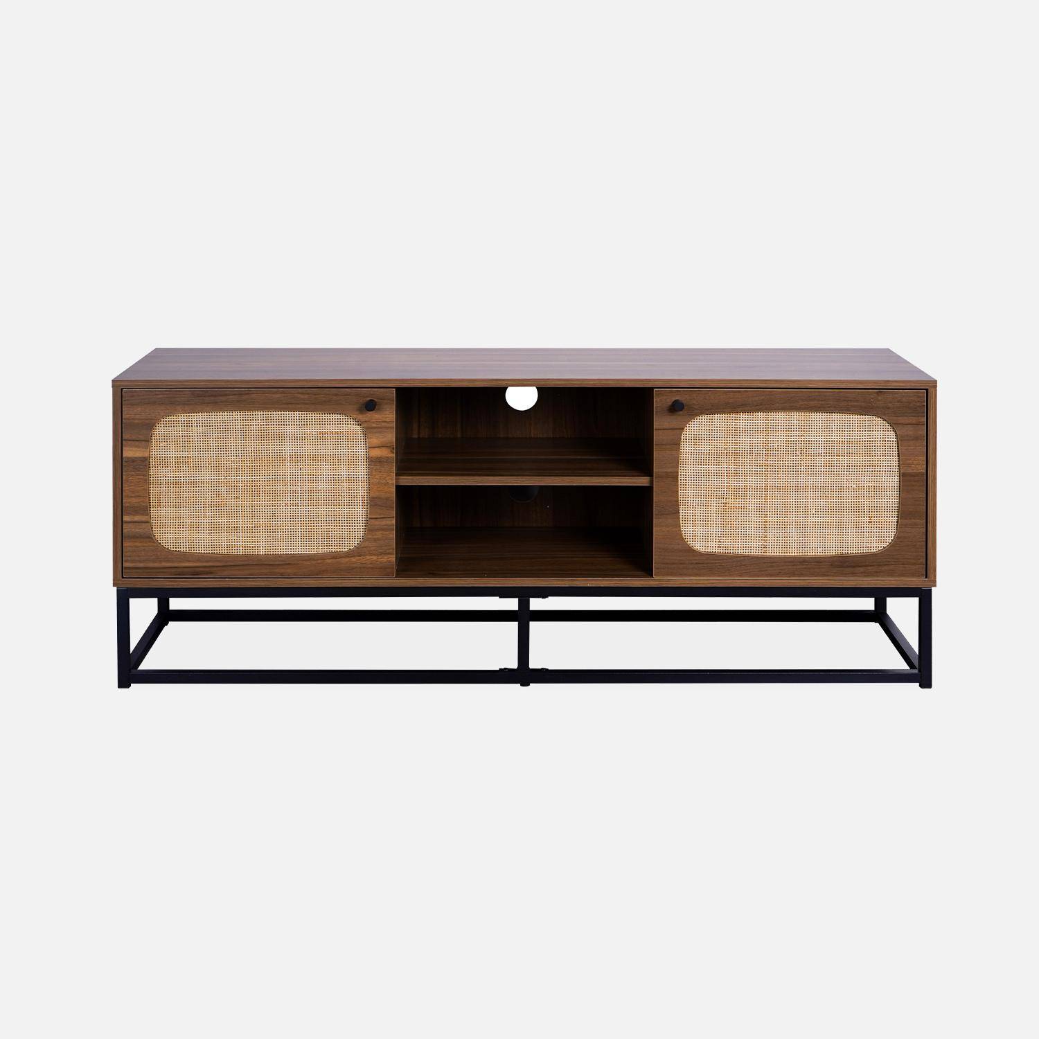 TV-meubel in hout- en rieteffect, 140cm, zwarte metalen poten en handgrepen,sweeek,Photo4