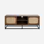 TV unit in wood decor and rounded cane 140cm, black metal legs and handles Photo4