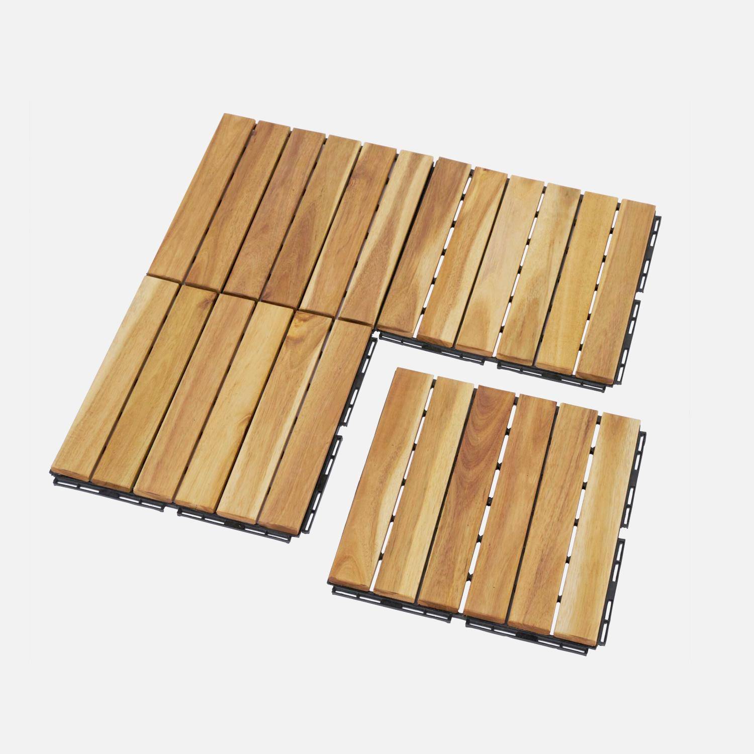 Pack of 10 acacia wood decking slabs 30x30cm, linear pattern, slats, clip-on,sweeek,Photo3