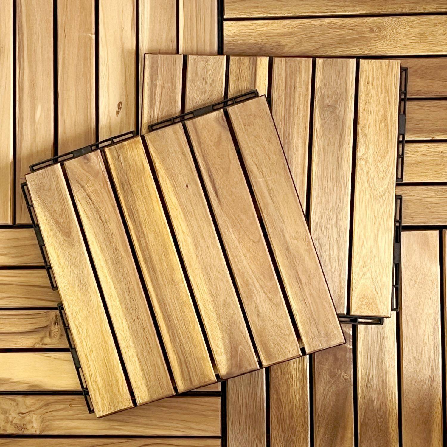 Pack of 10 acacia wood decking slabs 30x30cm, linear pattern, slats, clip-on,sweeek,Photo5
