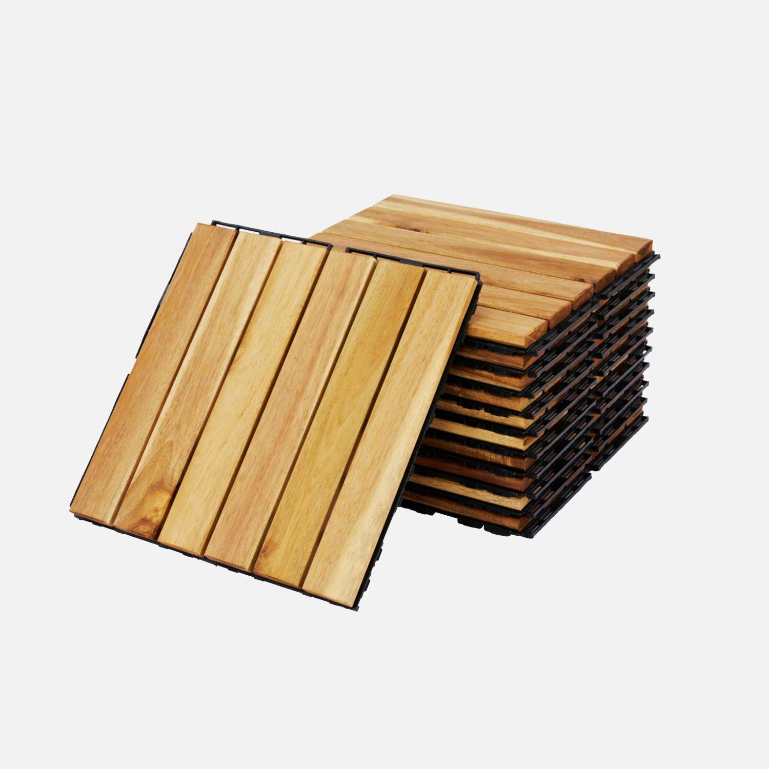 Pack of 10 acacia wood decking slabs 30x30cm, linear pattern, slats, clip-on,sweeek,Photo1