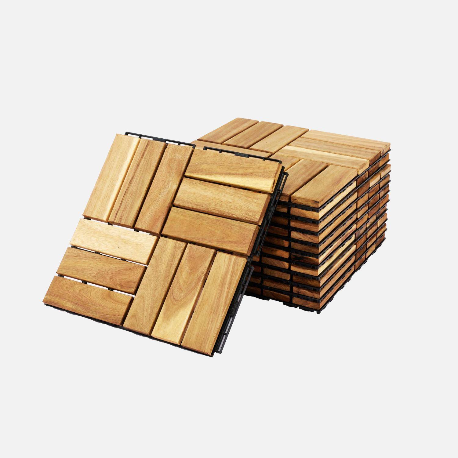 Pack of 10 acacia wood decking tiles 30x30cm, square pattern, clip-on,sweeek,Photo1