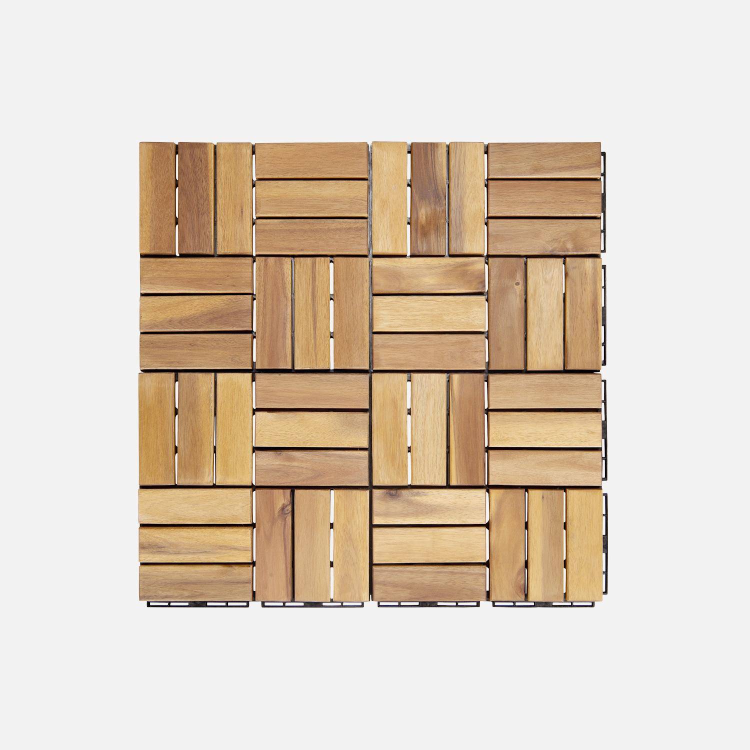 Pack of 10 acacia wood decking tiles 30x30cm, square pattern, clip-on,sweeek,Photo4
