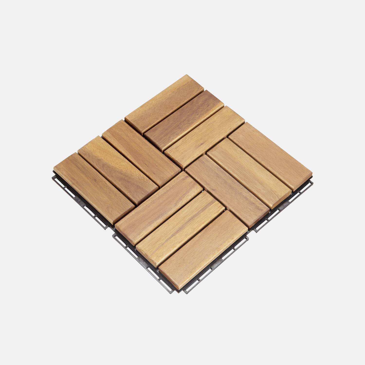 Pack of 10 acacia wood decking tiles 30x30cm, square pattern, clip-on Photo2