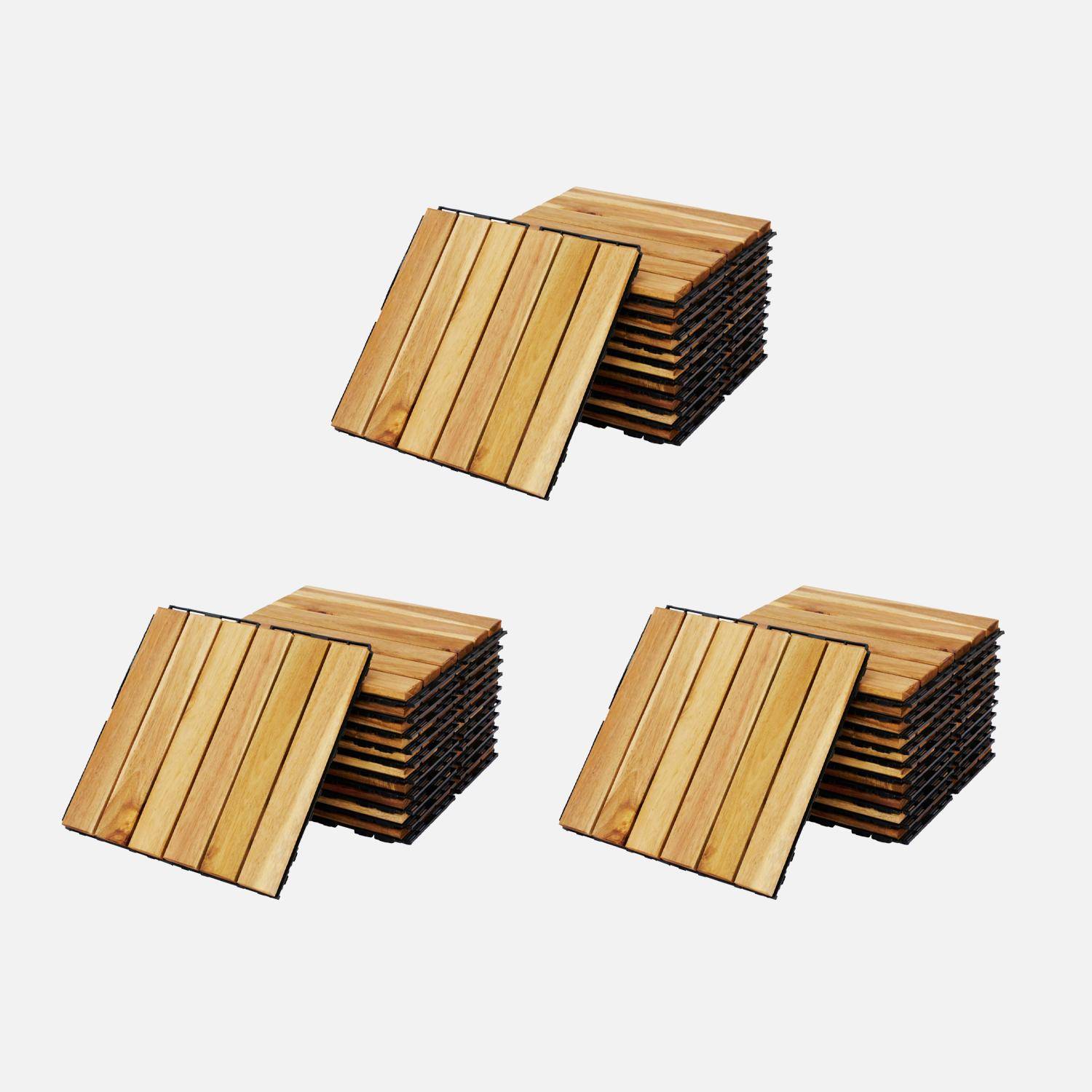 Lotto di 36 piastrelle per decking in legno di acacia 30x30cm, motivo lineare, a doghe, a incastro,sweeek,Photo1