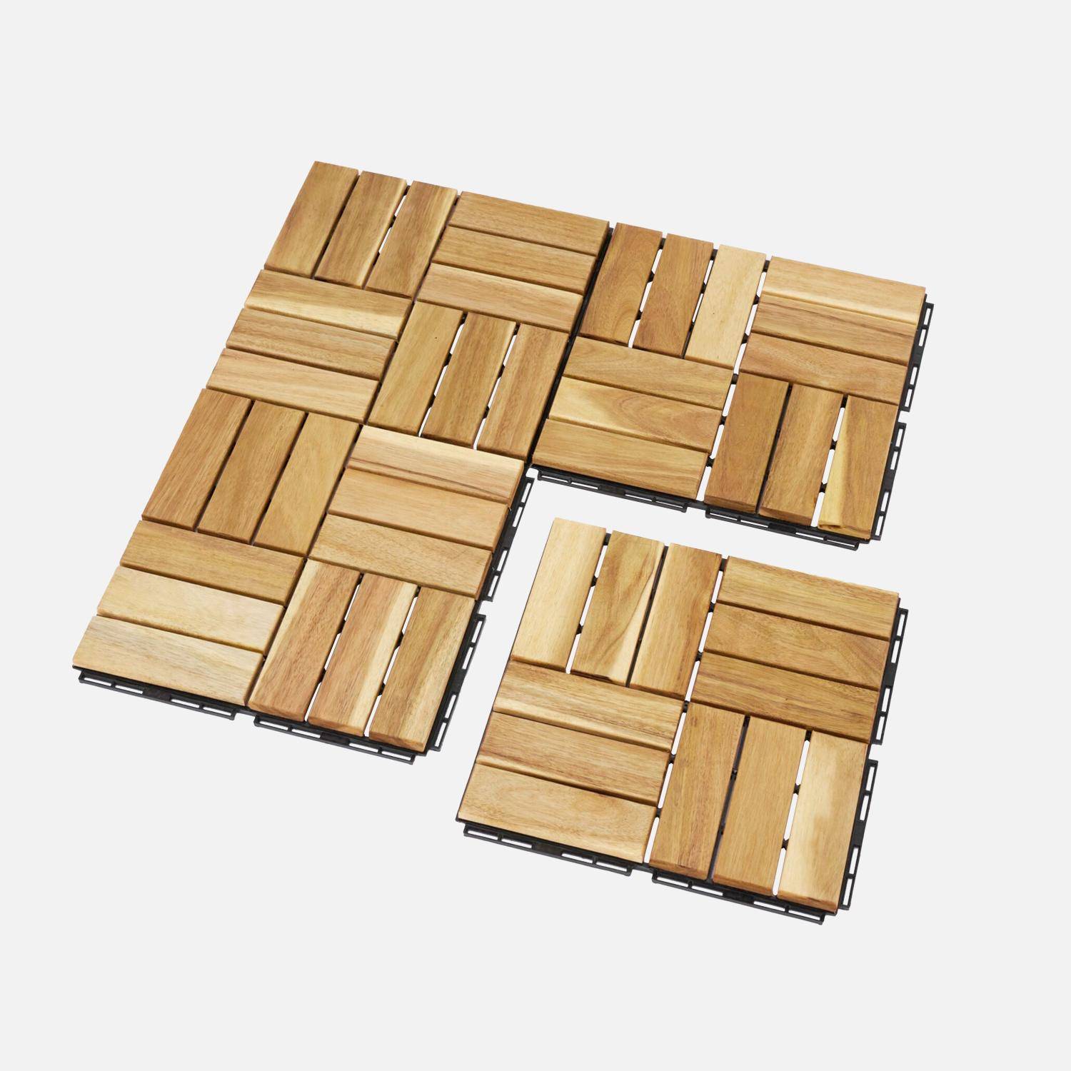 Batch of 36 acacia wood decking tiles 30x30cm, square pattern, clip-on,sweeek,Photo3