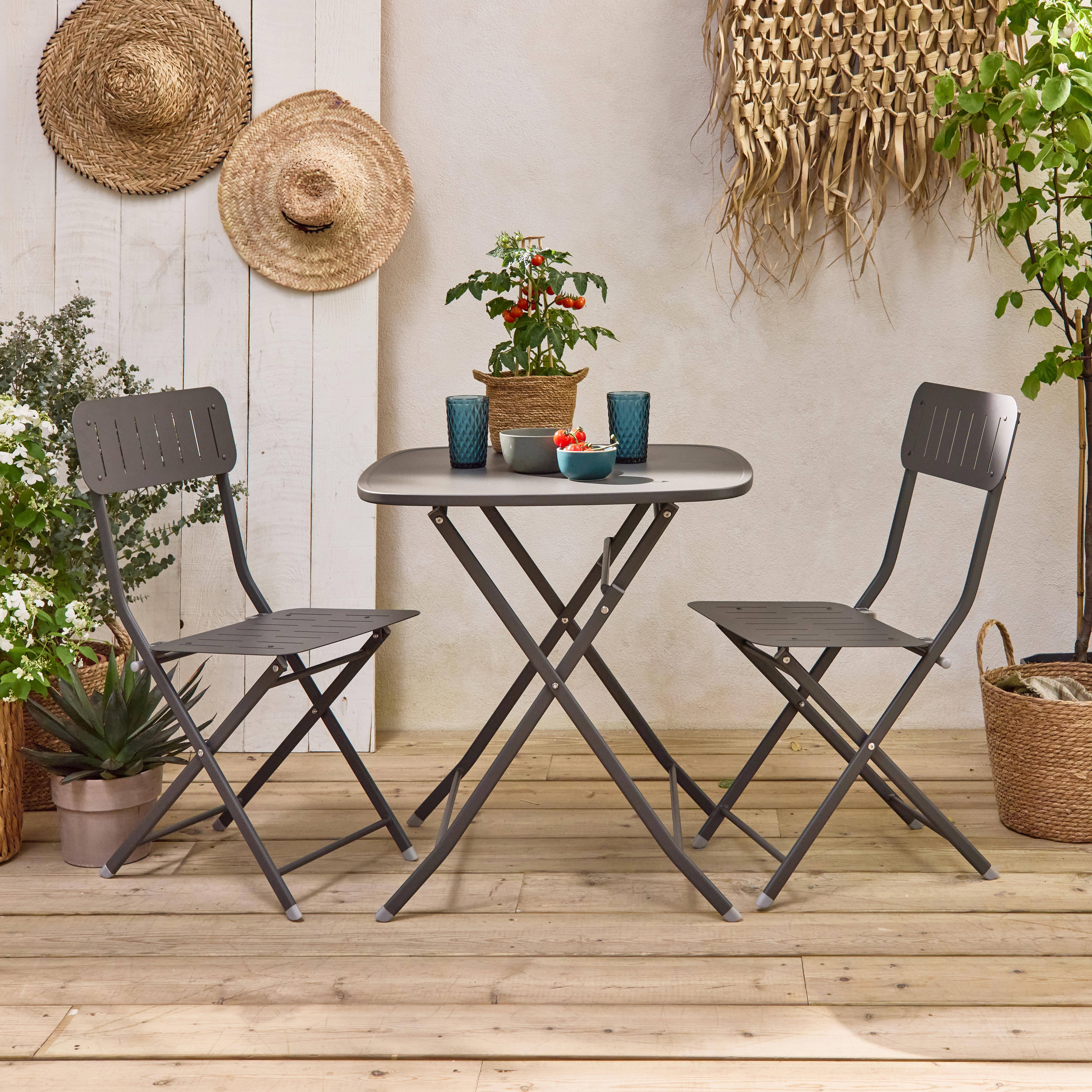 Tavolo da giardino pieghevole in stile bistrot in antracite con 2 sedie pieghevoli in robusto acciaio zincato,sweeek,Photo1