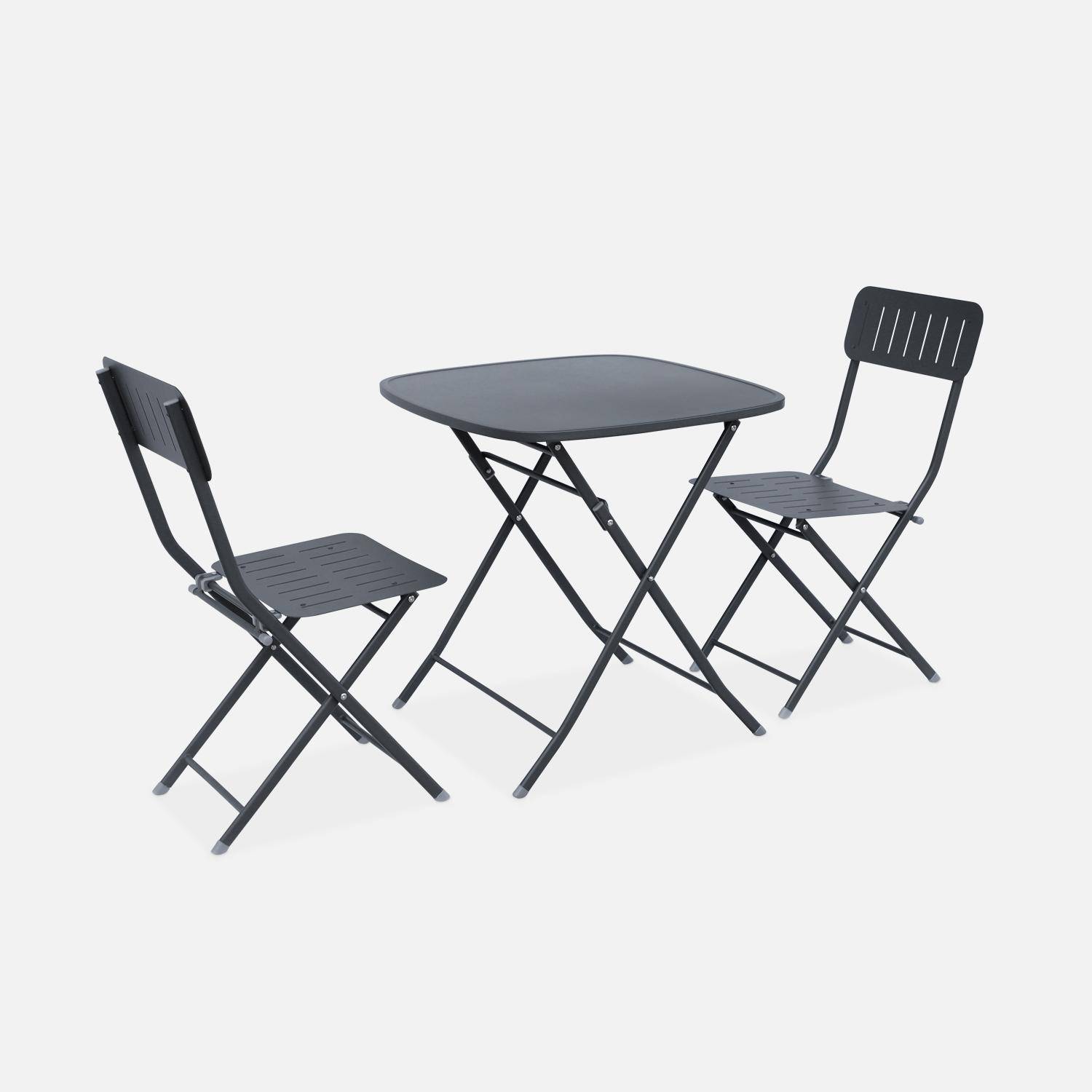 Inklapbare antracietkleurige bistrotafel met 2 inklapbare stoelen van stevig gegalvaniseerd staal Photo3