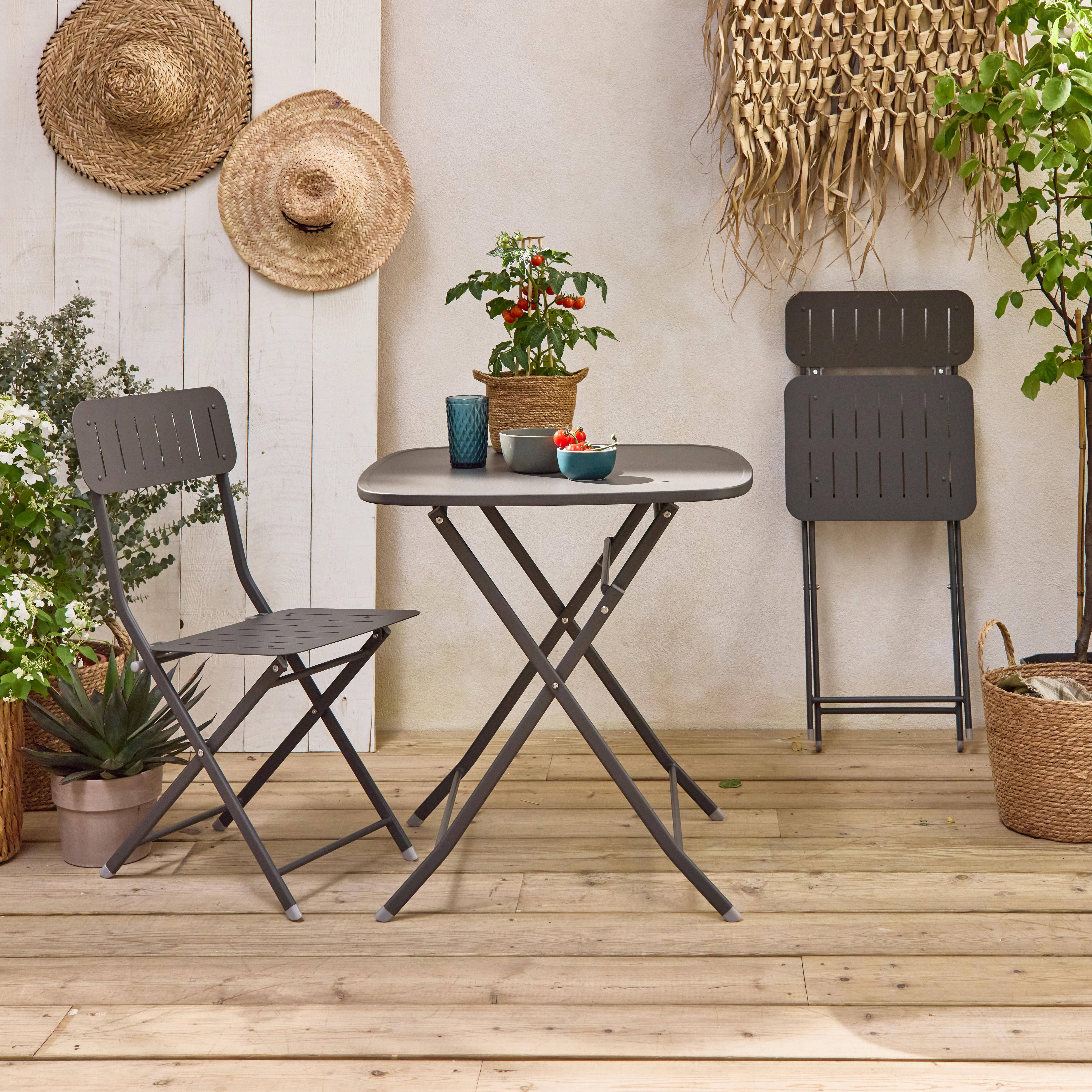 Tavolo da giardino pieghevole in stile bistrot in antracite con 2 sedie pieghevoli in robusto acciaio zincato,sweeek,Photo2