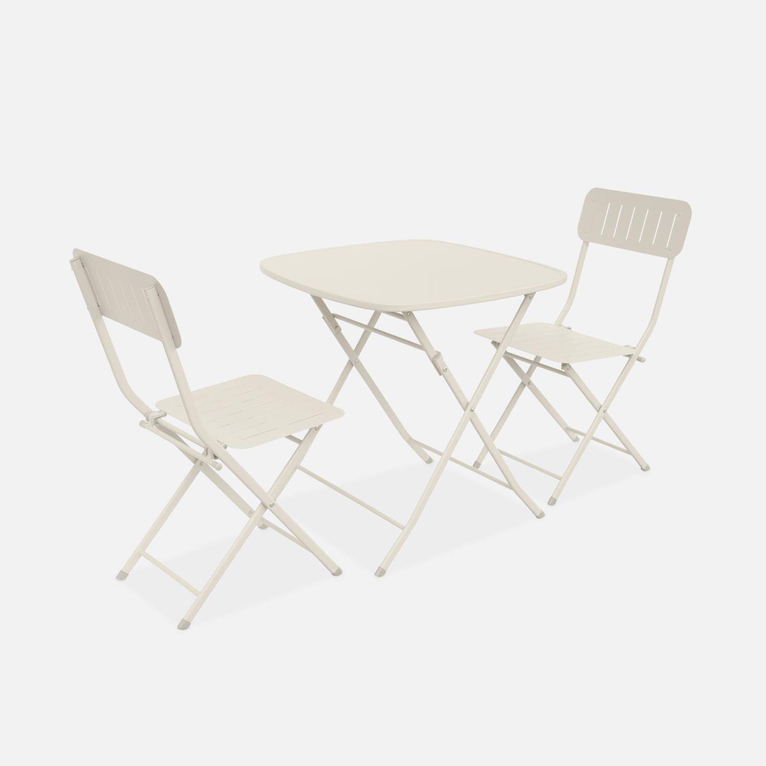 Table de jardin type bistrot pliable beige avec 2 chaises également pliables en acier galvanisé robuste,sweeek,Photo1
